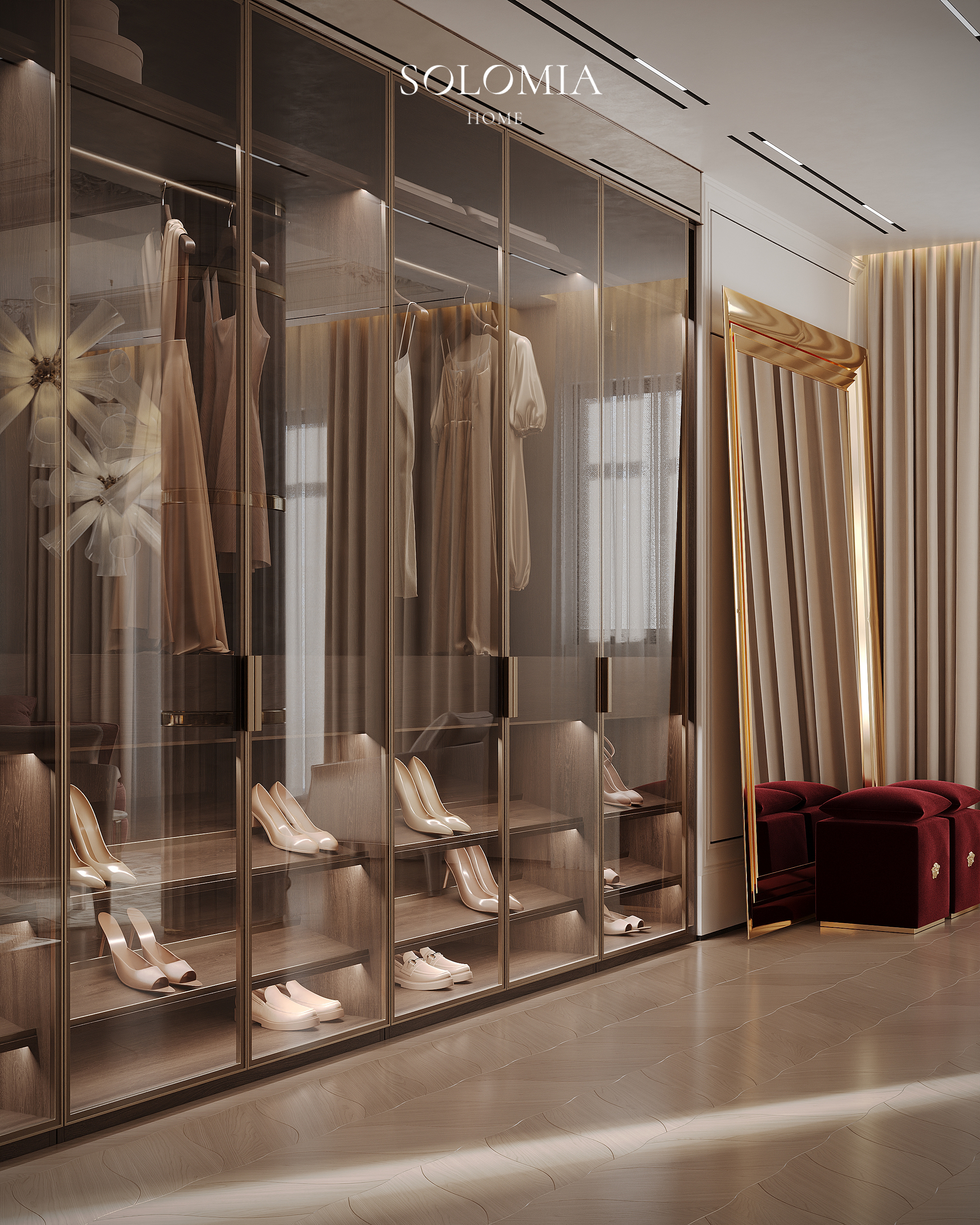 Glass wardrobe with shoe shelves, Versace Villa — luxury interior design Dubai