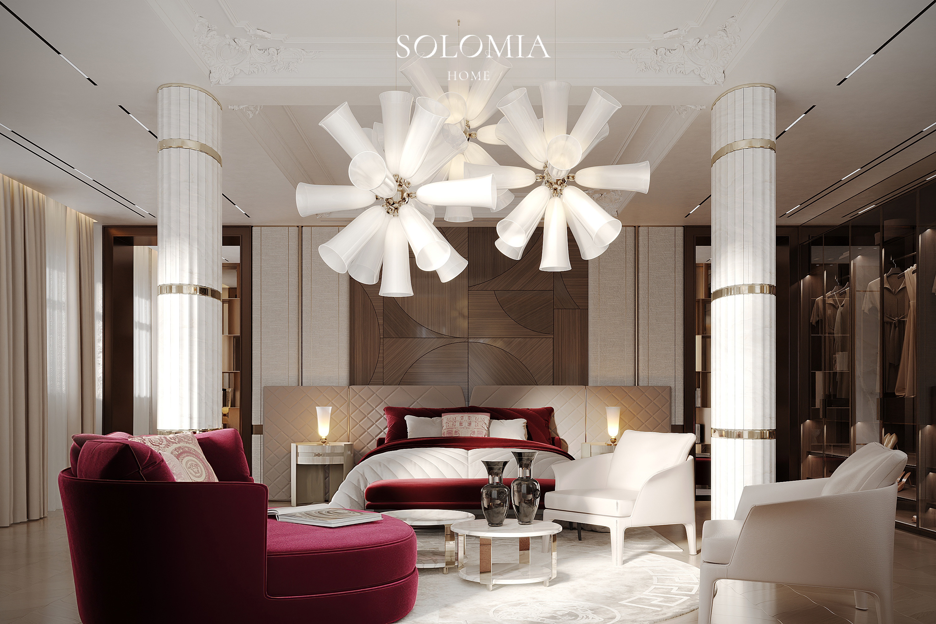 Master bedroom with flower chandelier, Versace Villa — luxury interior design Dubai