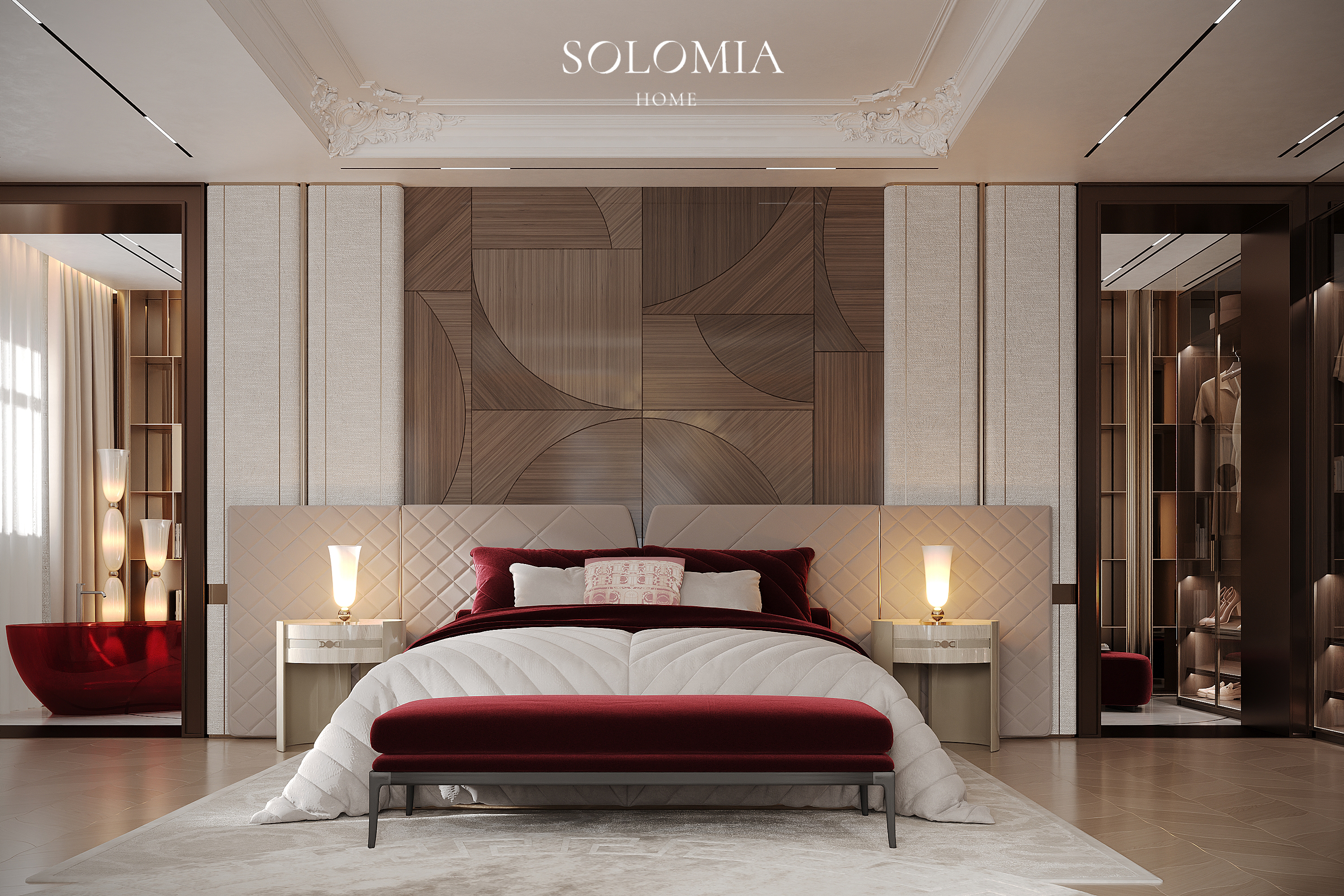 Bed with red bedspread and wood panels, Versace Villa — luxury interior design Dubai