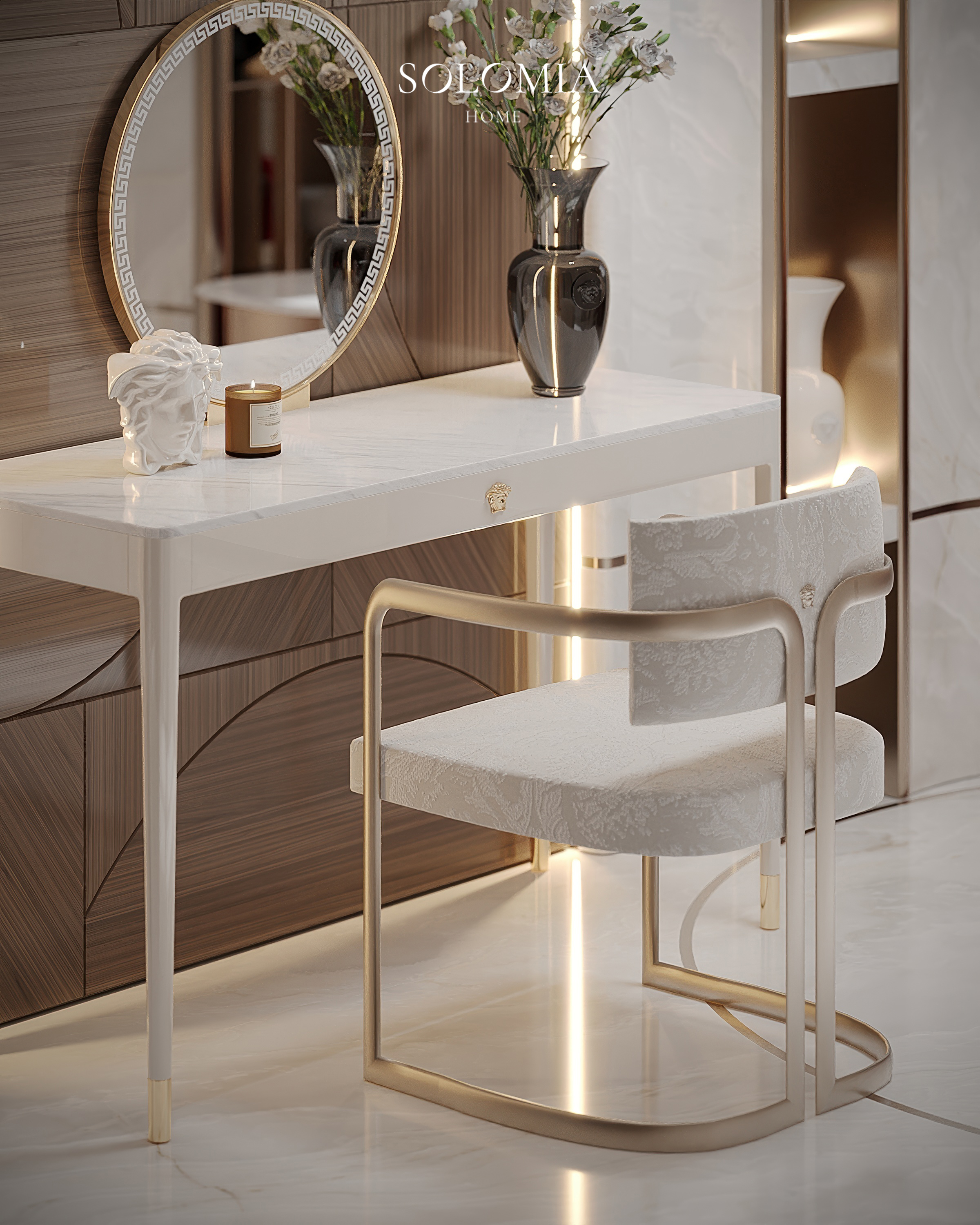 Dressing table with round mirror, Versace Villa — luxury interior design Dubai