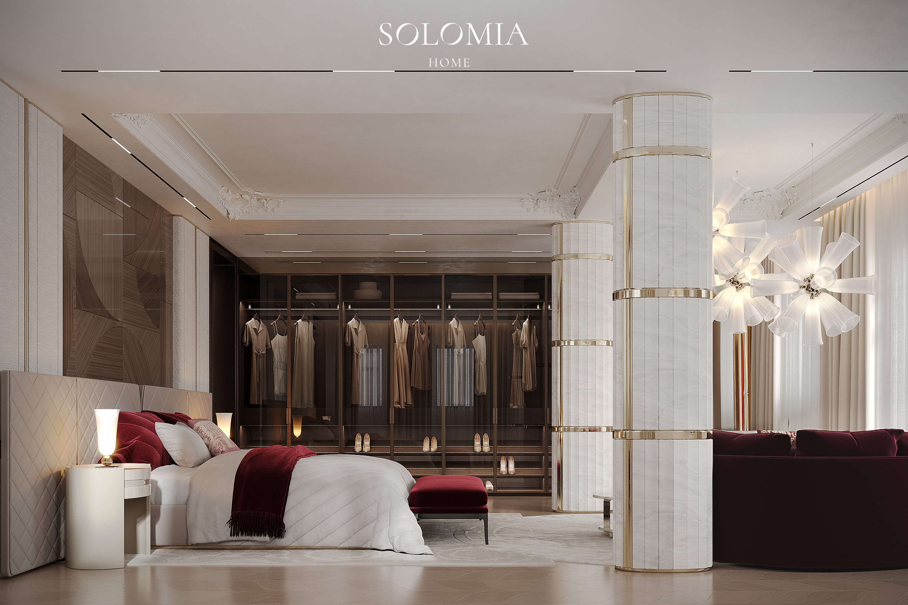 Master bedroom with walk-in wardrobe, Versace Villa — luxury interior design Dubai