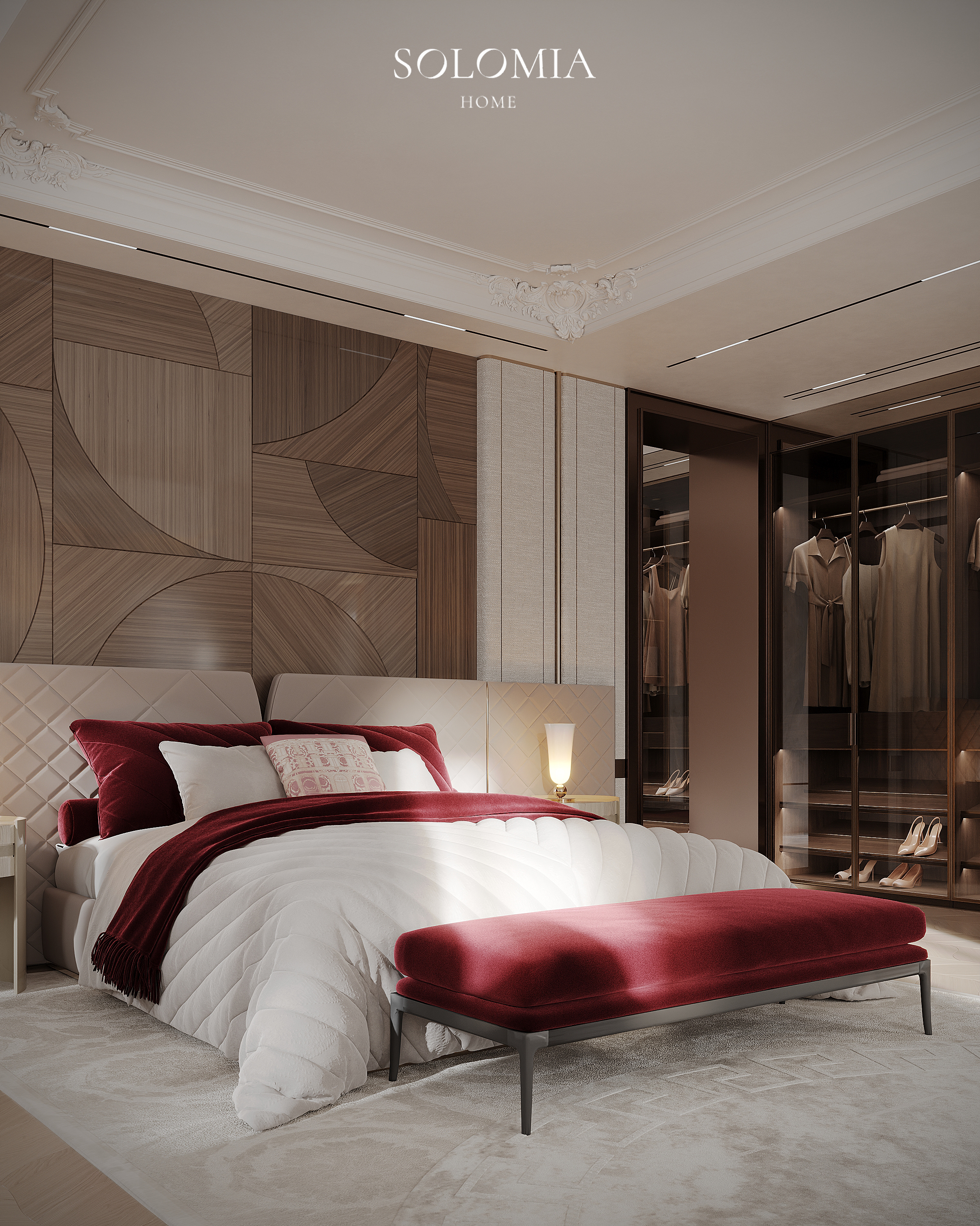 Bed with red velvet bench, Versace Villa — luxury interior design Dubai