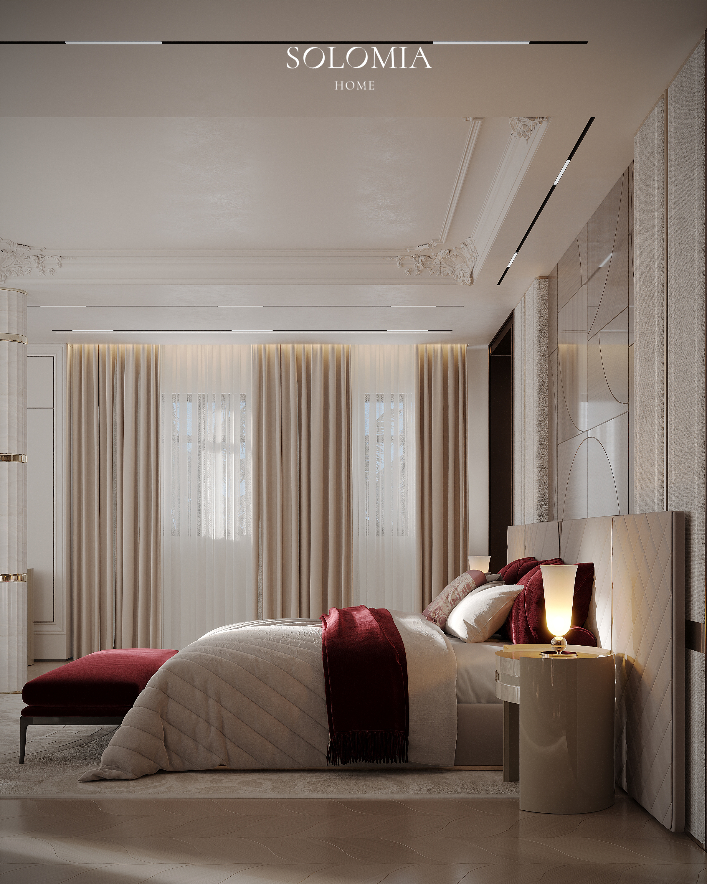 Bedroom with lit columns, Versace Villa — luxury interior design Dubai