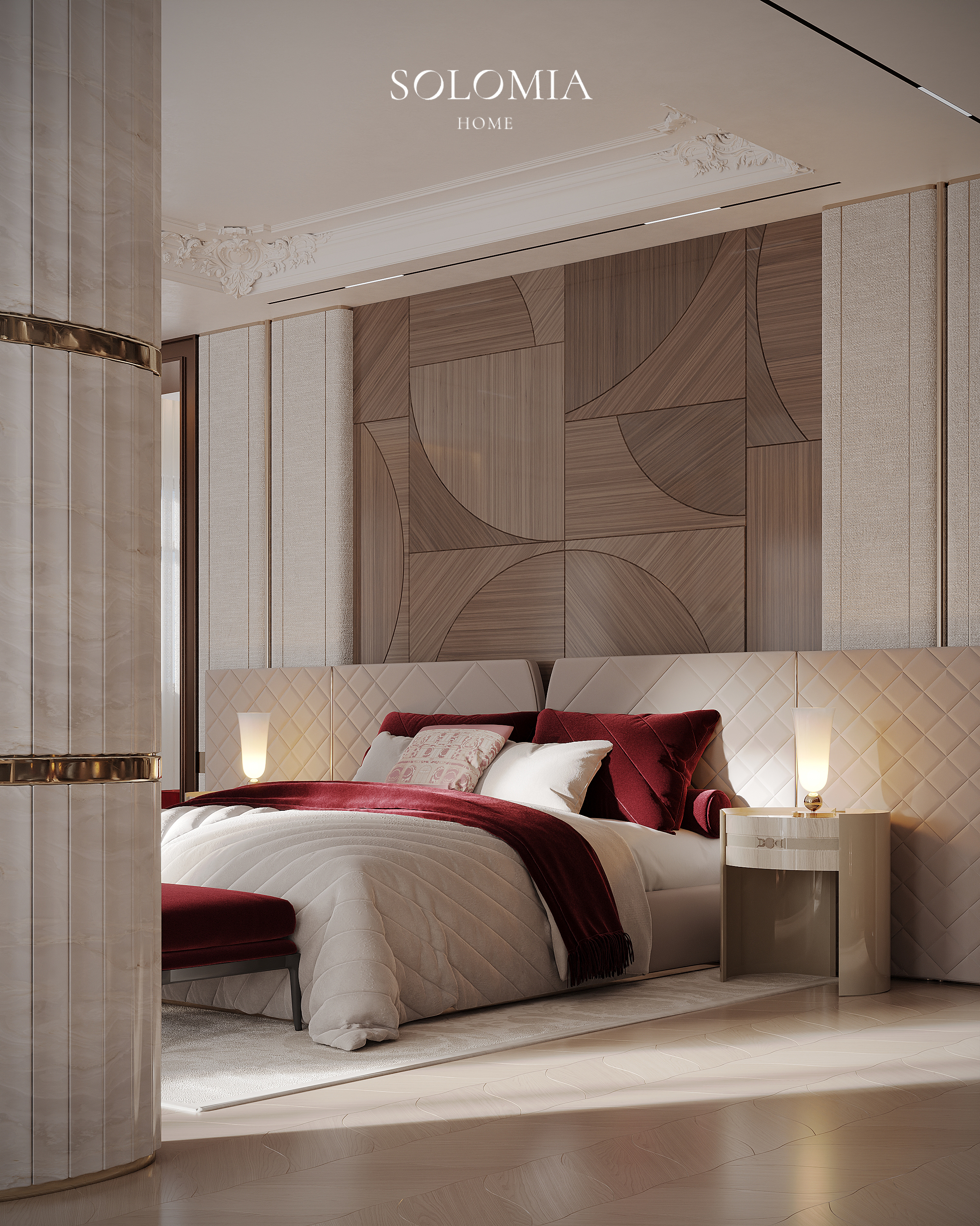 Bed with wood-inlay headboard wall, Versace Villa — luxury interior design Dubai
