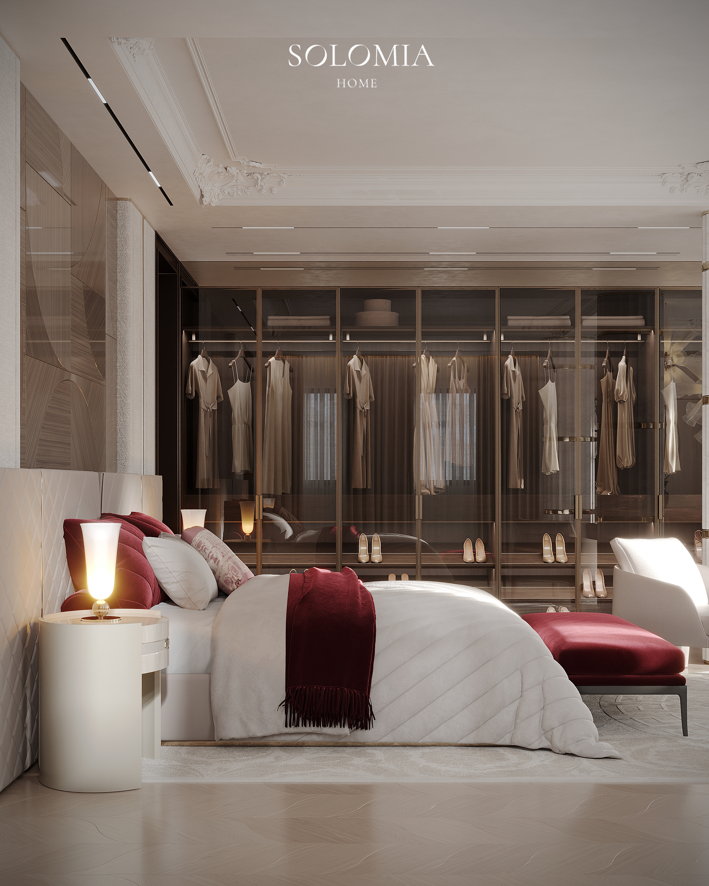Bedroom with glass wardrobe, Versace Villa — luxury interior design Dubai