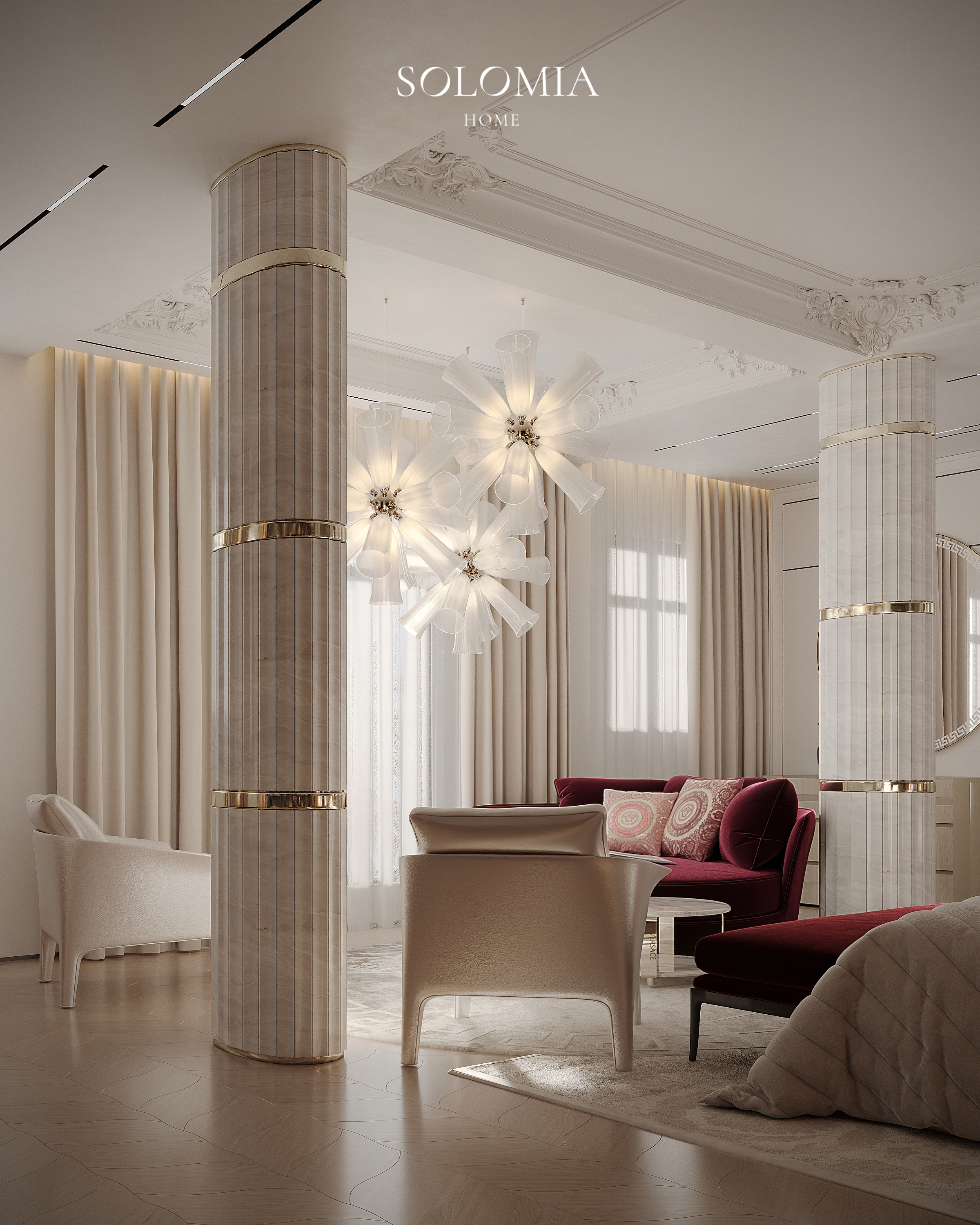 Bedroom with velvet sofa and columns, Versace Villa — luxury interior design Dubai