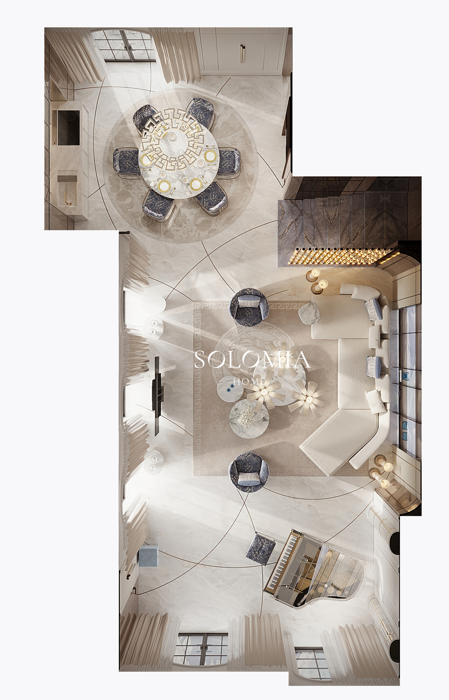 Living room layout, top view, Versace Villa — interior design project