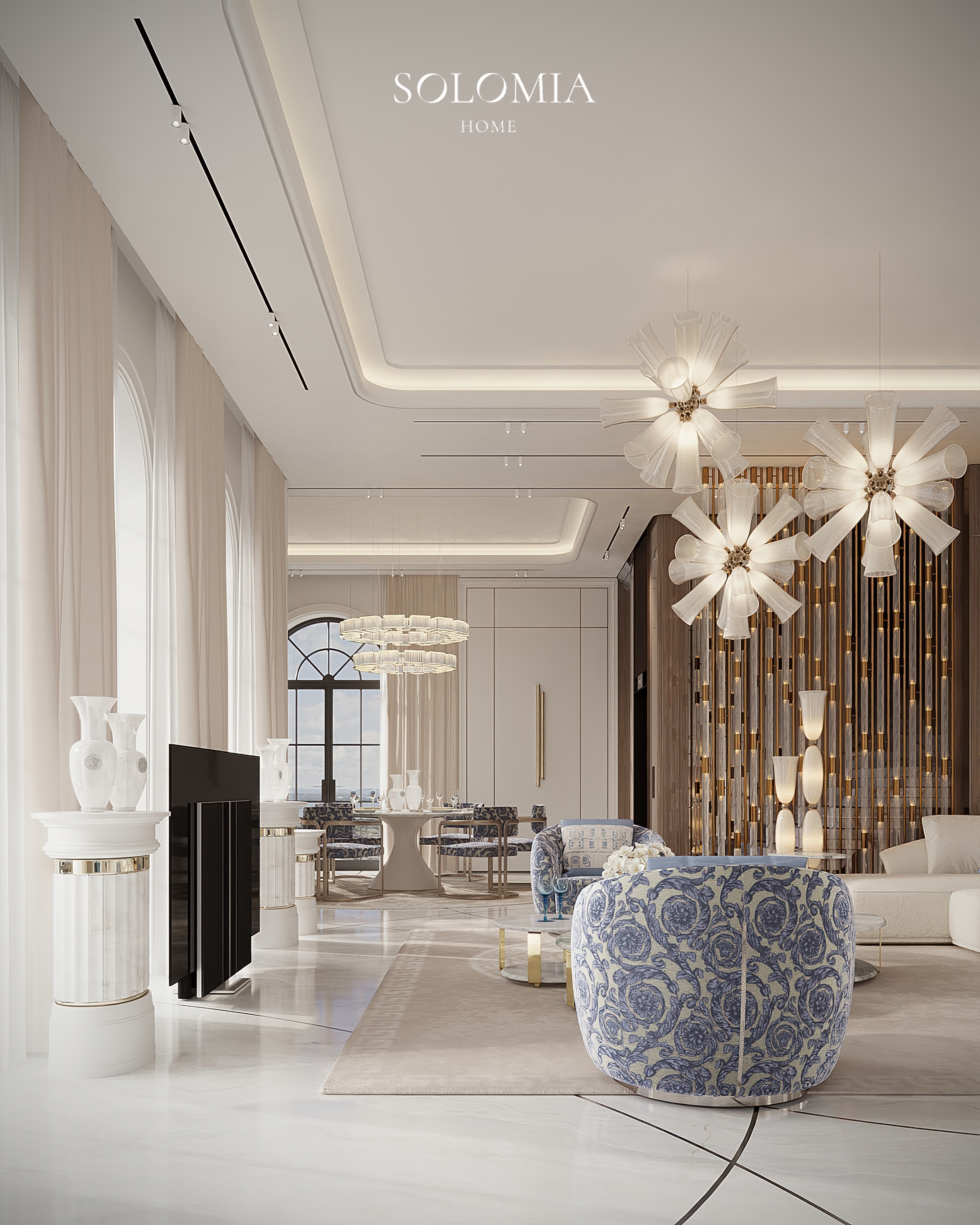 Living room with flower chandelier and blue armchairs, Versace Villa — luxury interior design Dubai