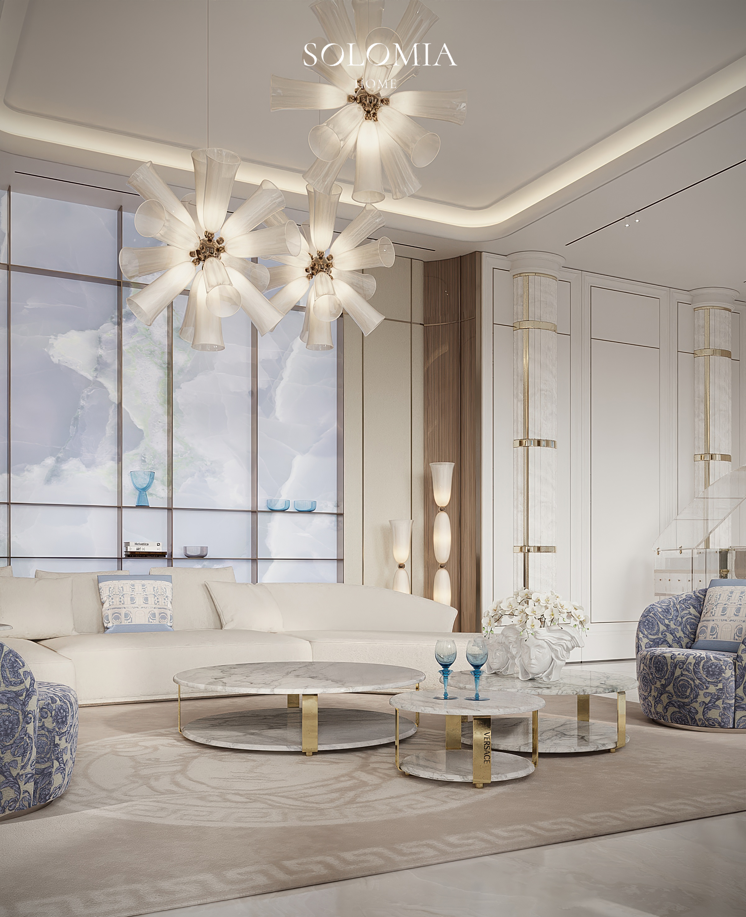 Living room with white sofa and blue armchairs, Versace Villa — luxury interior design Dubai