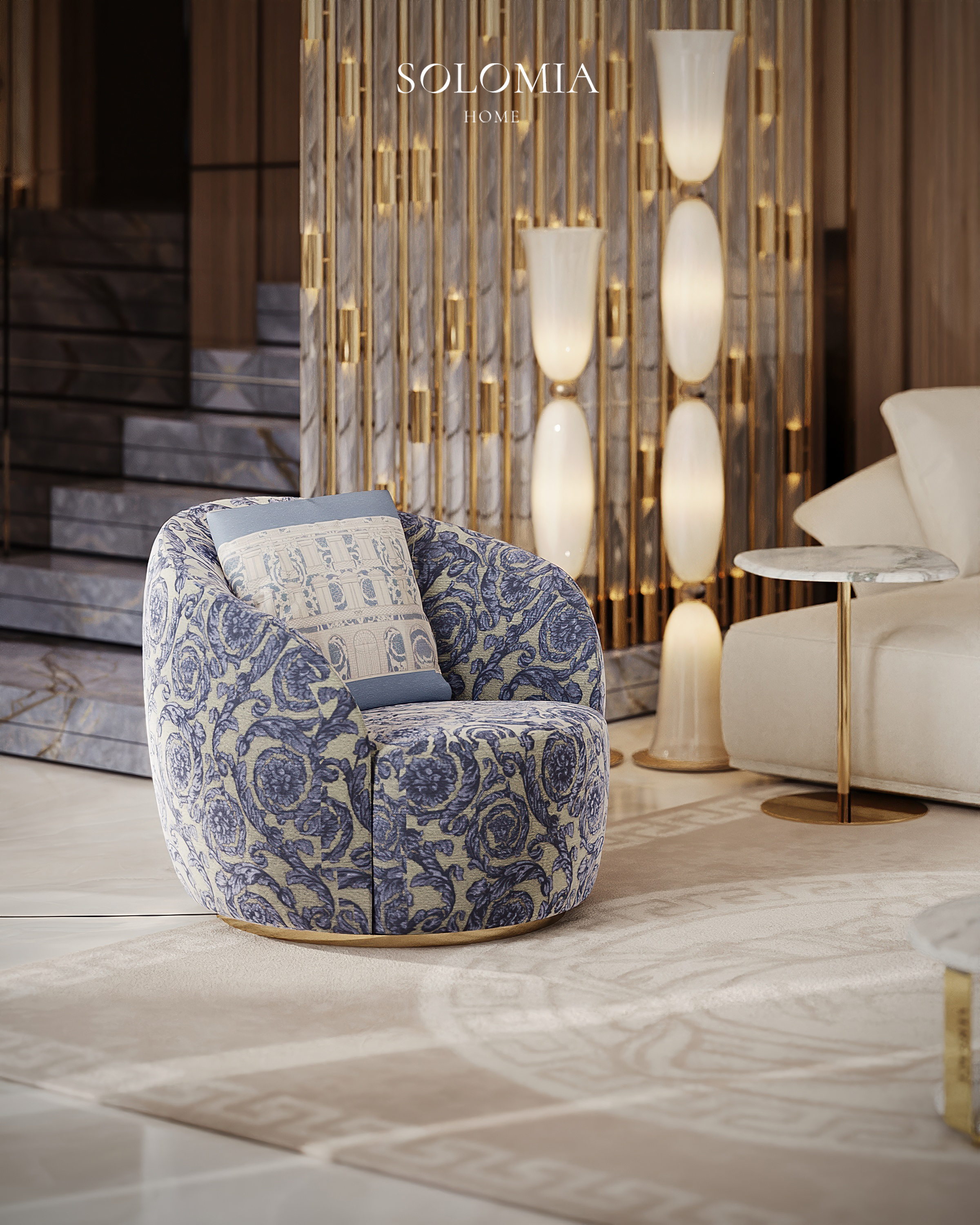Blue patterned armchair by the staircase, Versace Villa — luxury interior design Dubai