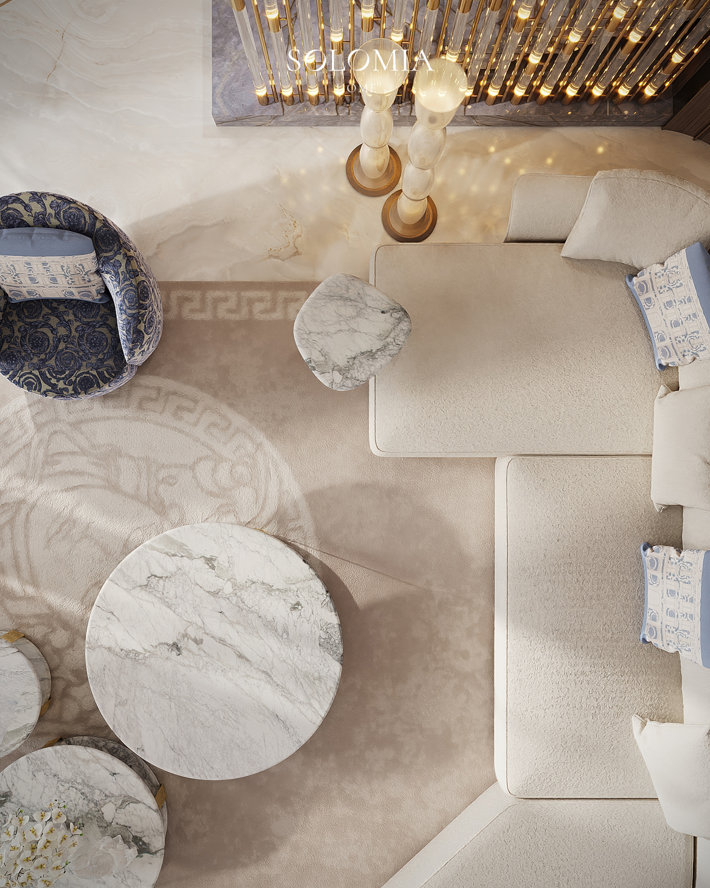 Living room seating with blue armchairs, top view, Versace Villa — luxury interior design Dubai
