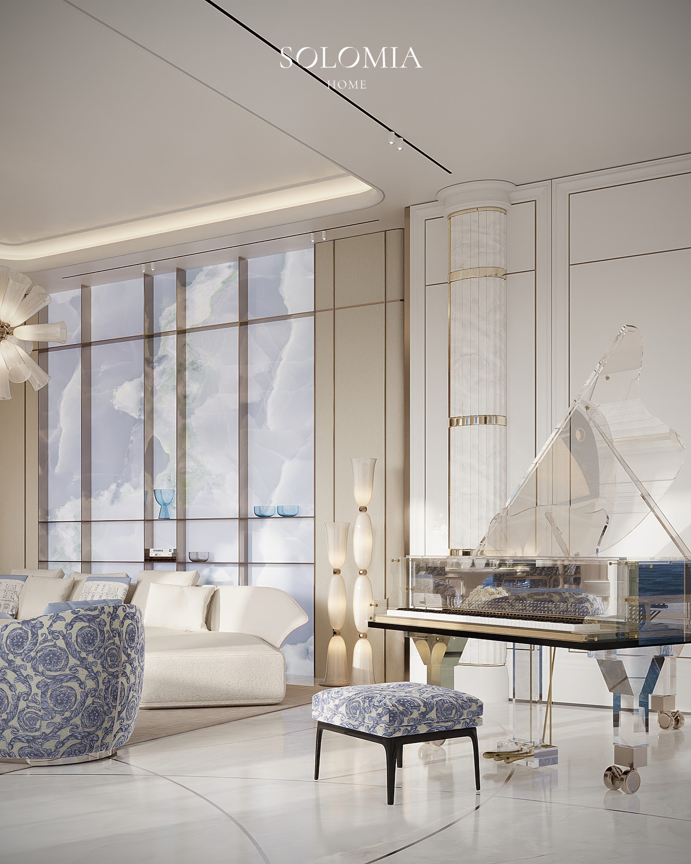 Living room with glass grand piano, Versace Villa — luxury interior design Dubai