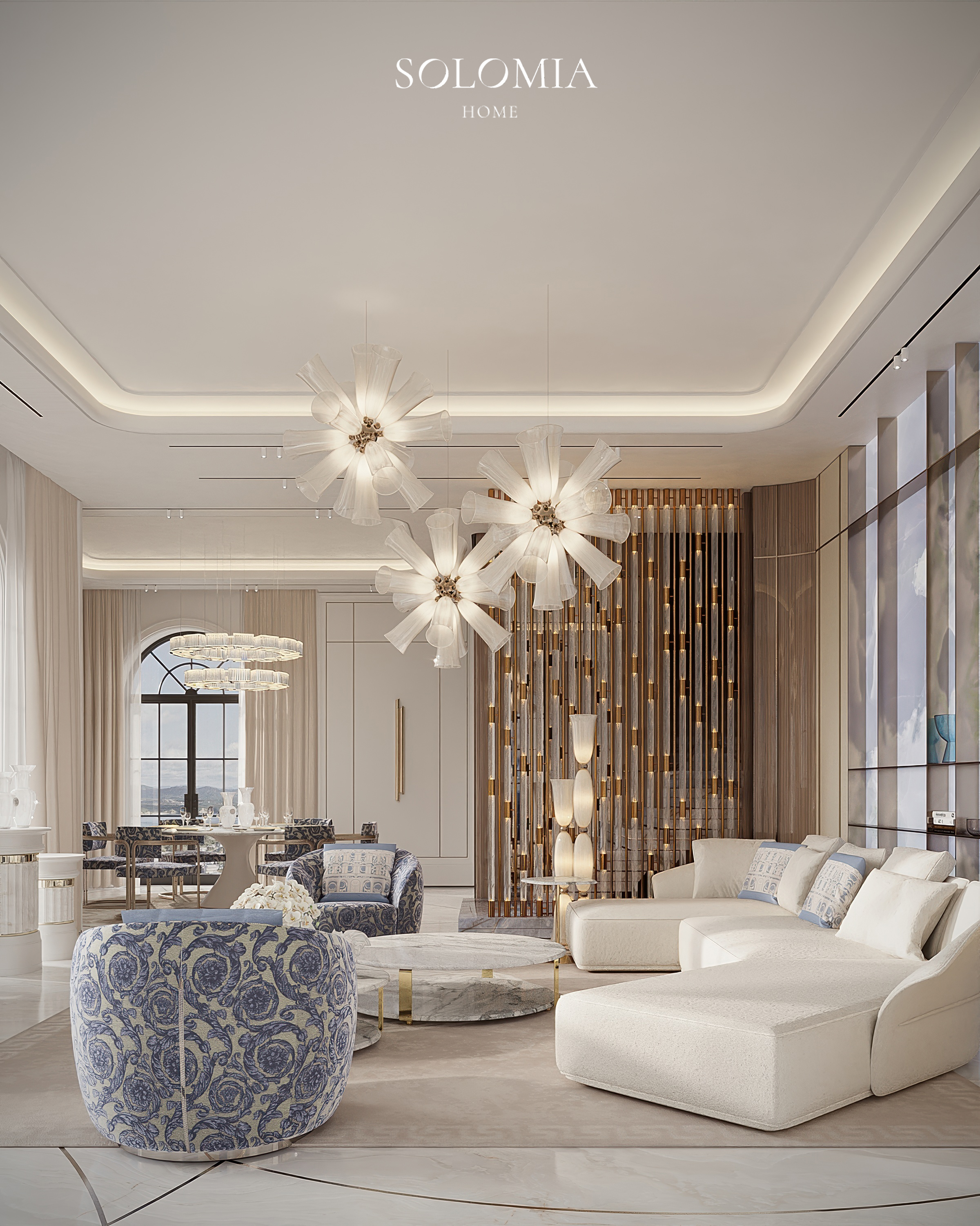 Living room with flower chandeliers and blue armchairs, Versace Villa — luxury interior design Dubai