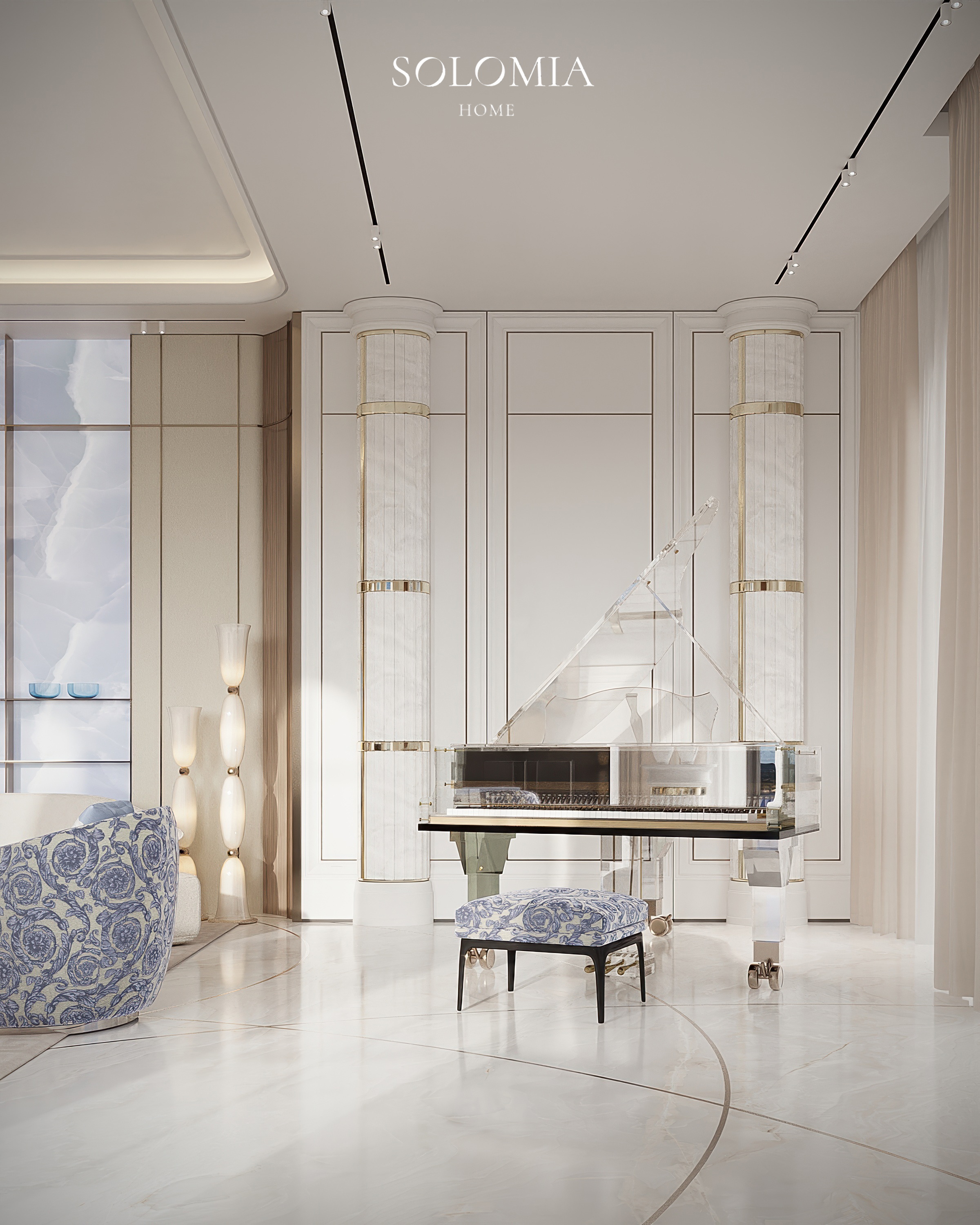 Living room with white piano and columns, Versace Villa — luxury interior design Dubai