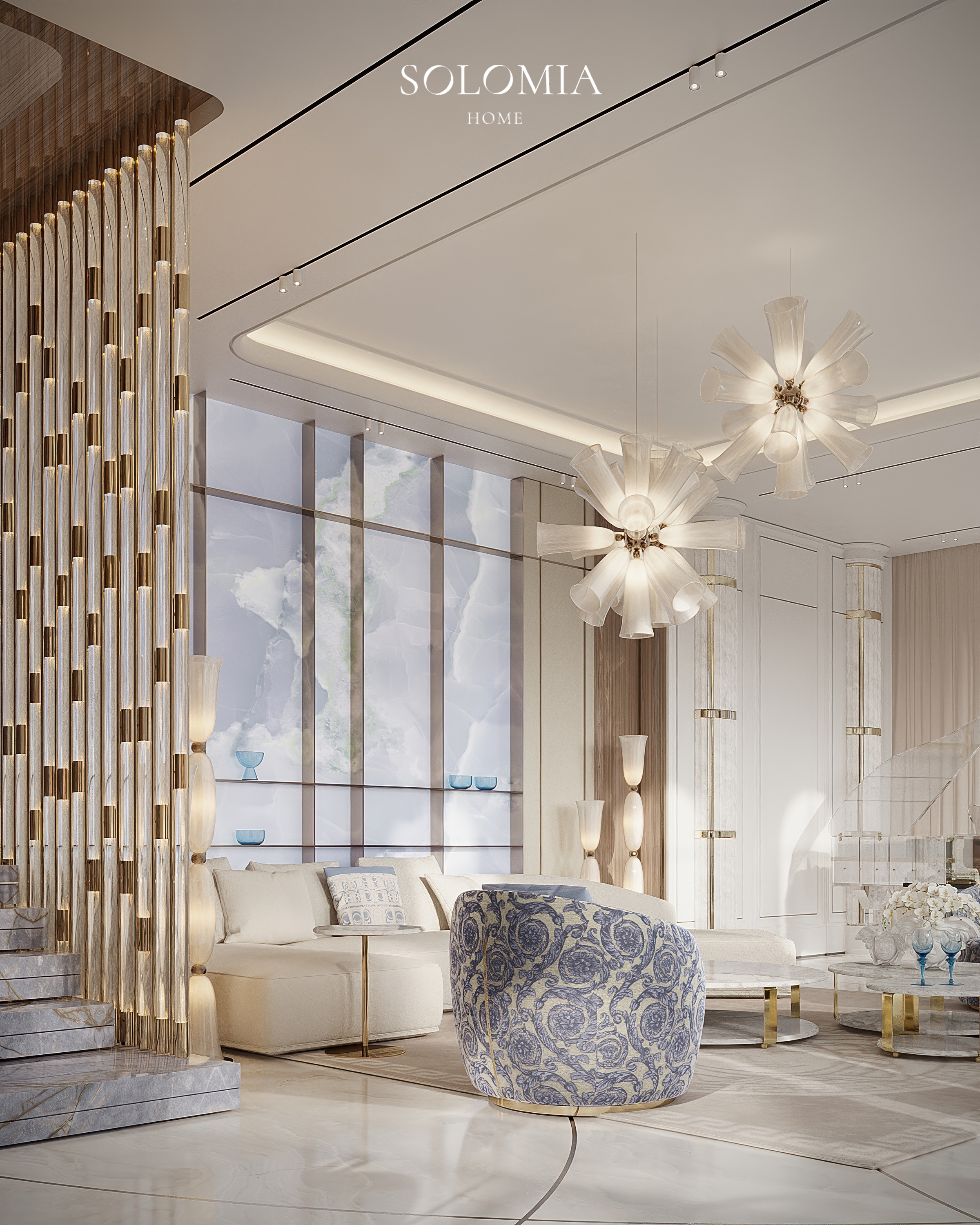 Living room with lit column screen, Versace Villa — luxury interior design Dubai