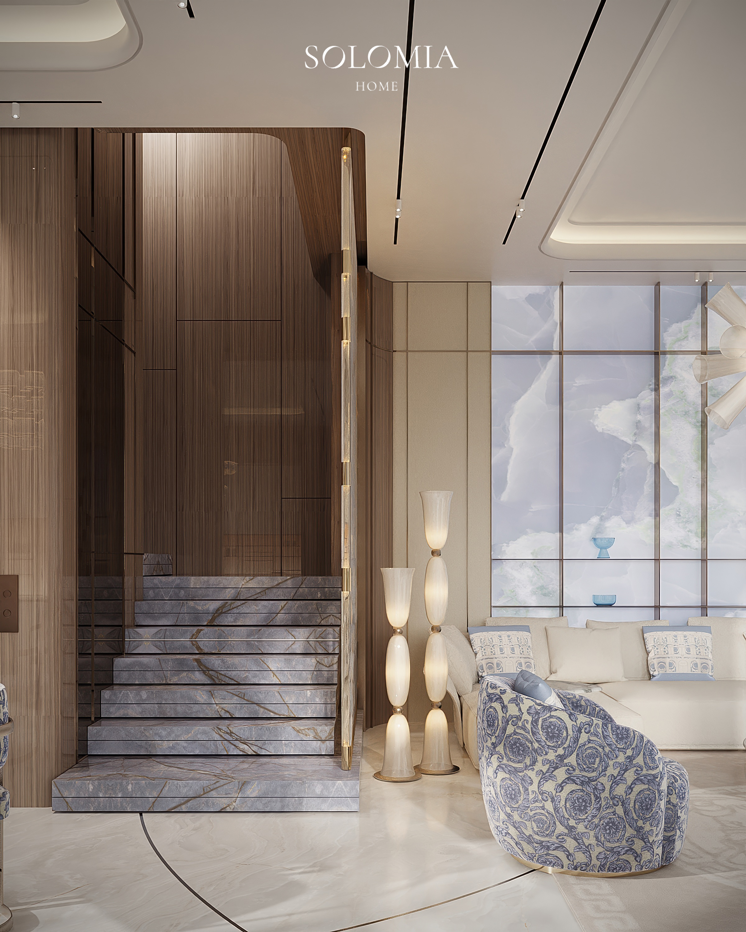 Marble staircase with lit columns, Versace Villa — luxury interior design Dubai