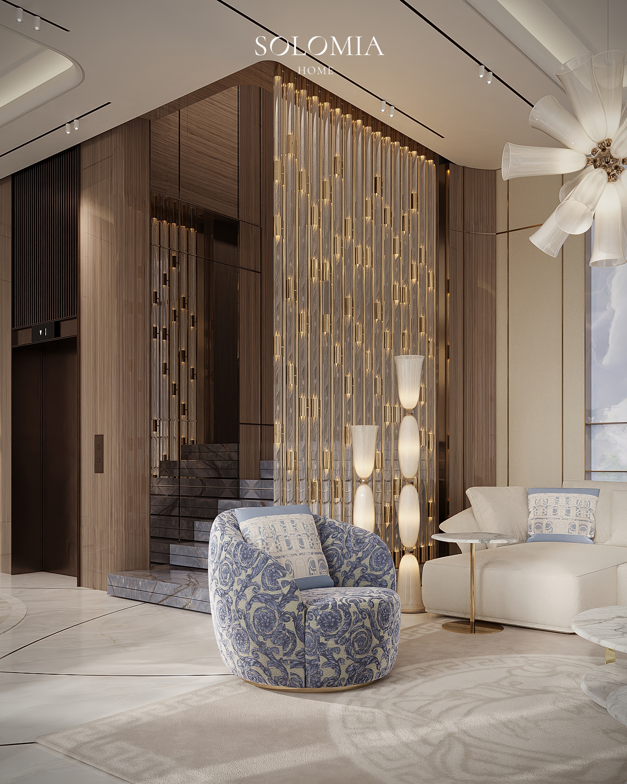 Lounge with blue armchair and staircase, Versace Villa — luxury interior design Dubai
