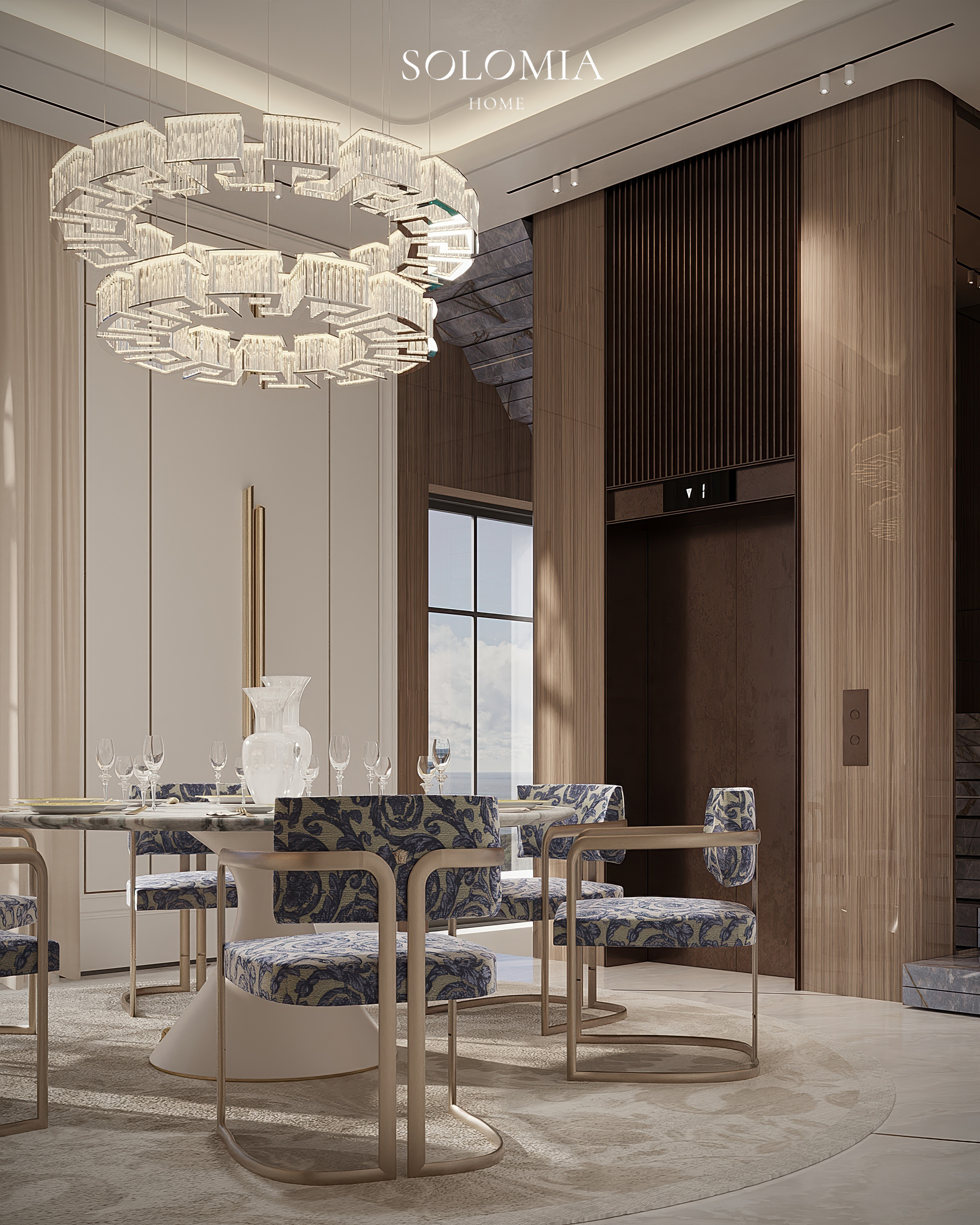 Kitchen with crystal ring chandelier, Versace Villa — luxury interior design Dubai