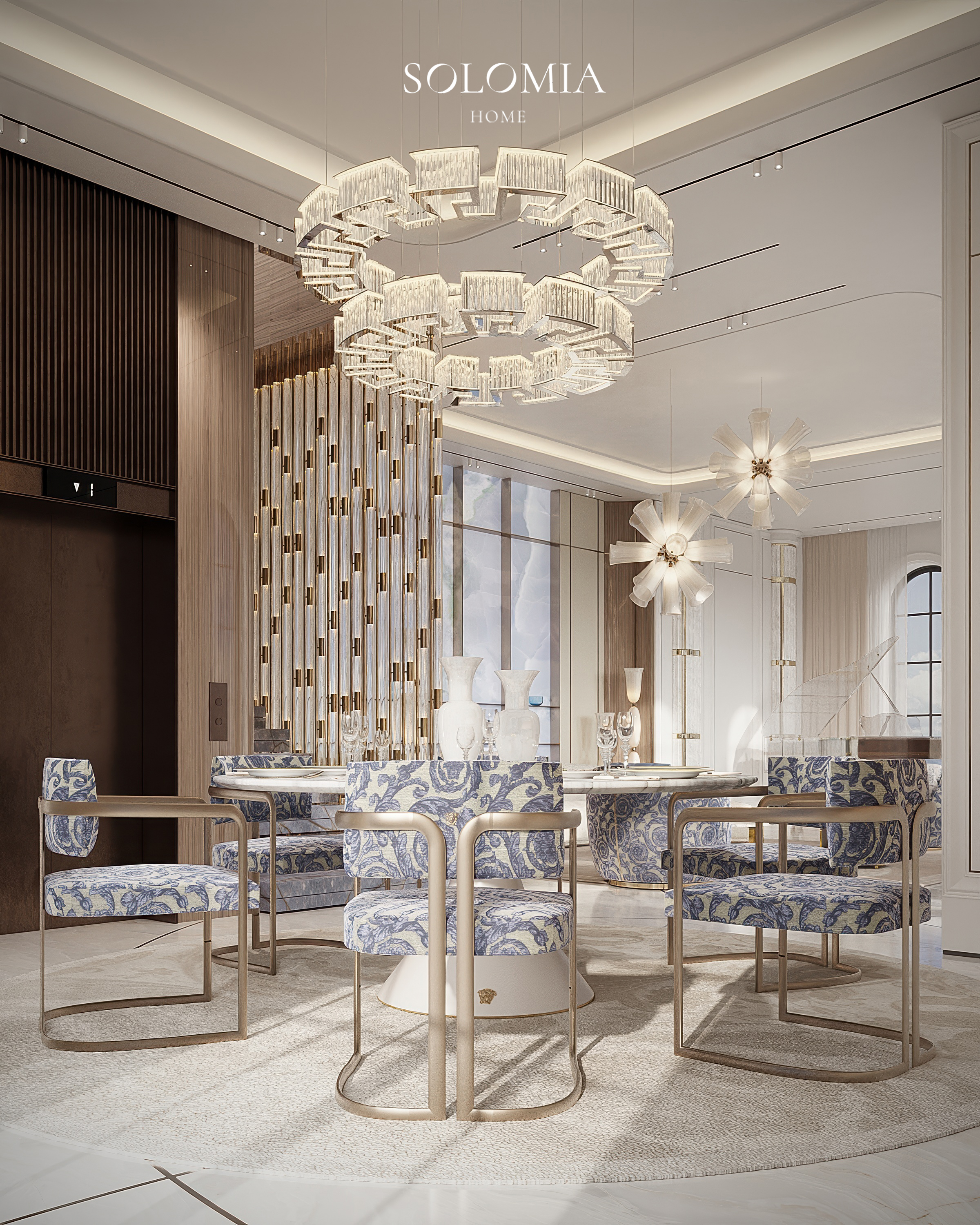 Dining table with blue patterned chairs, Versace Villa — luxury interior design Dubai