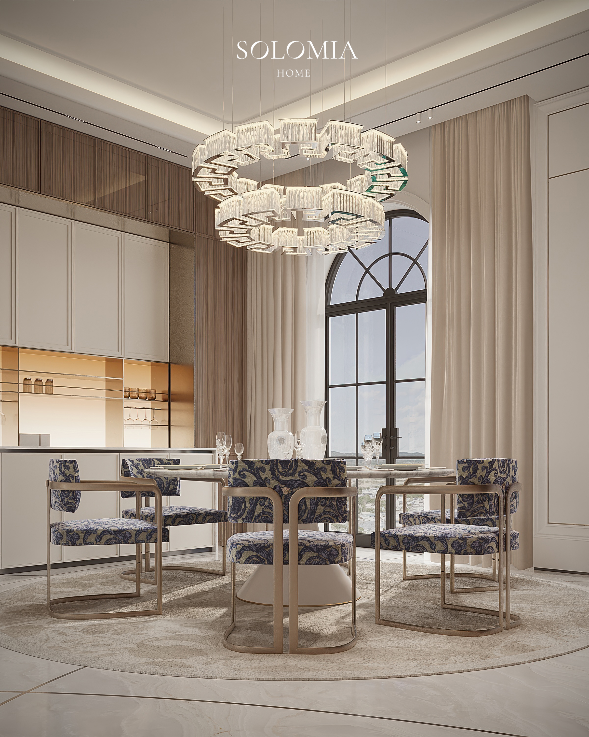 Kitchen with ring chandelier and arched window, Versace Villa — luxury interior design Dubai