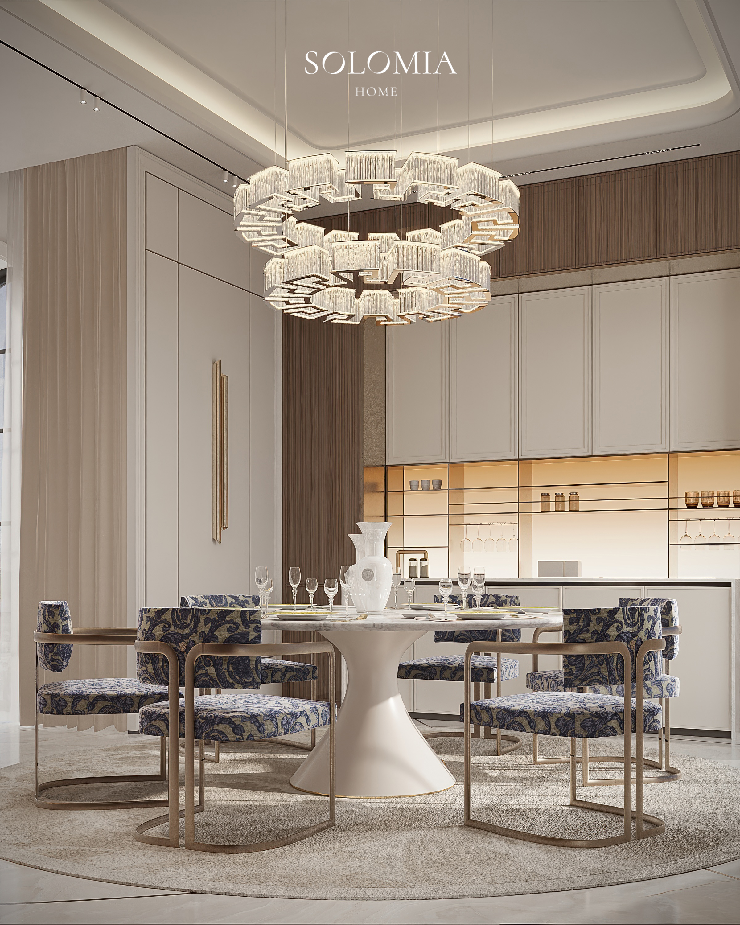 Round dining table with blue chairs, Versace Villa — luxury interior design Dubai