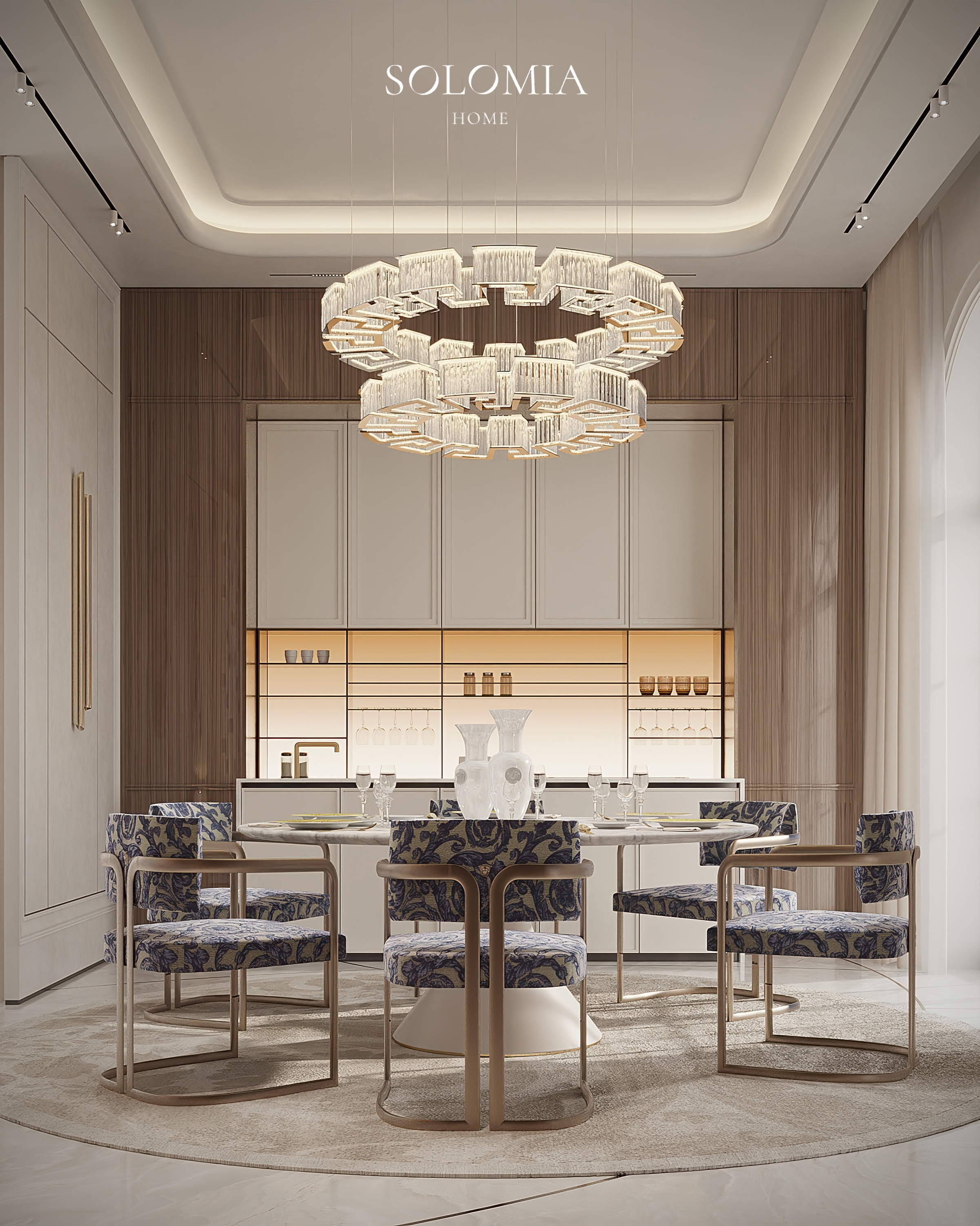 Kitchen dining with crystal chandelier, Versace Villa — luxury interior design Dubai