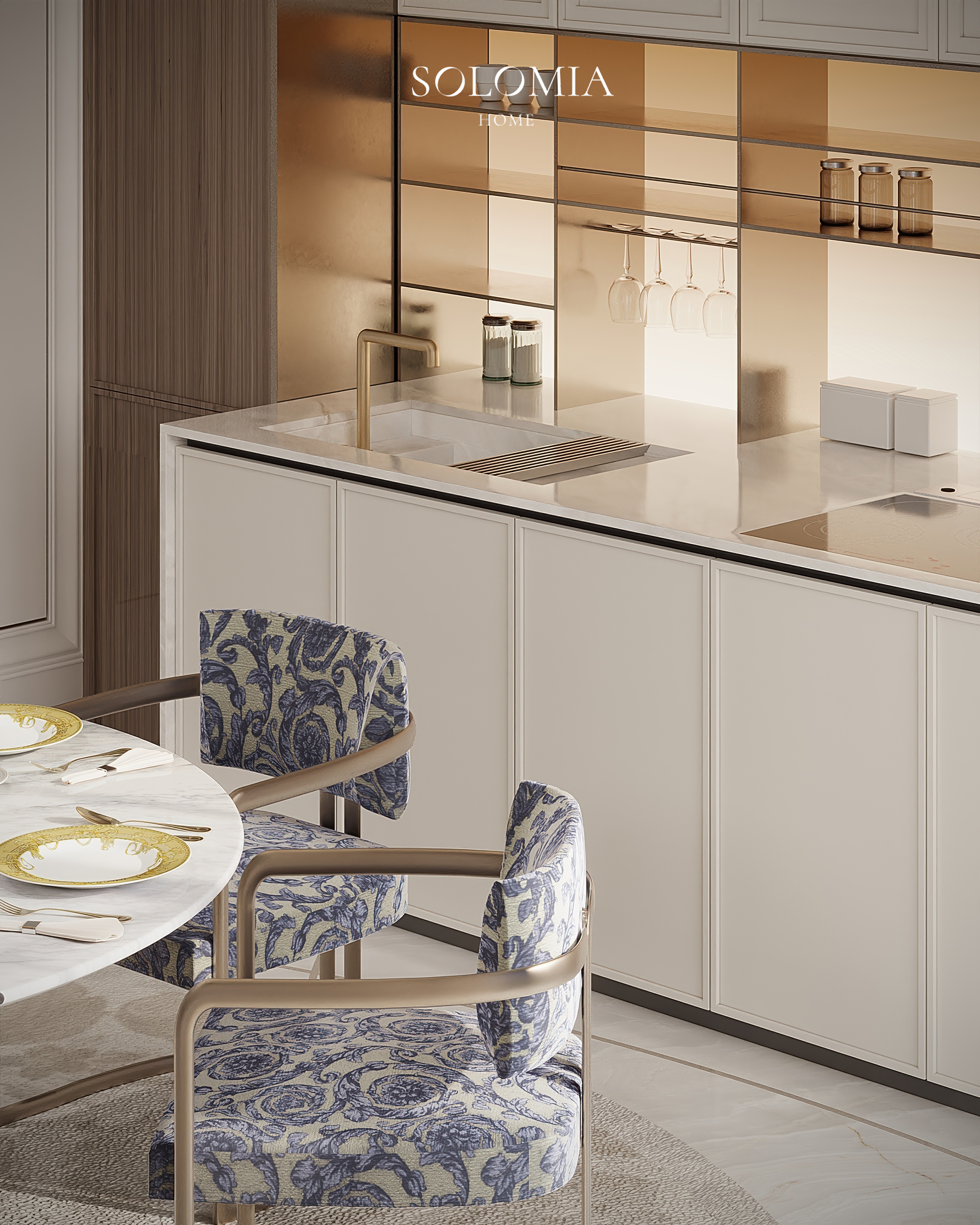 Kitchen counter with blue armchair, Versace Villa — luxury interior design Dubai