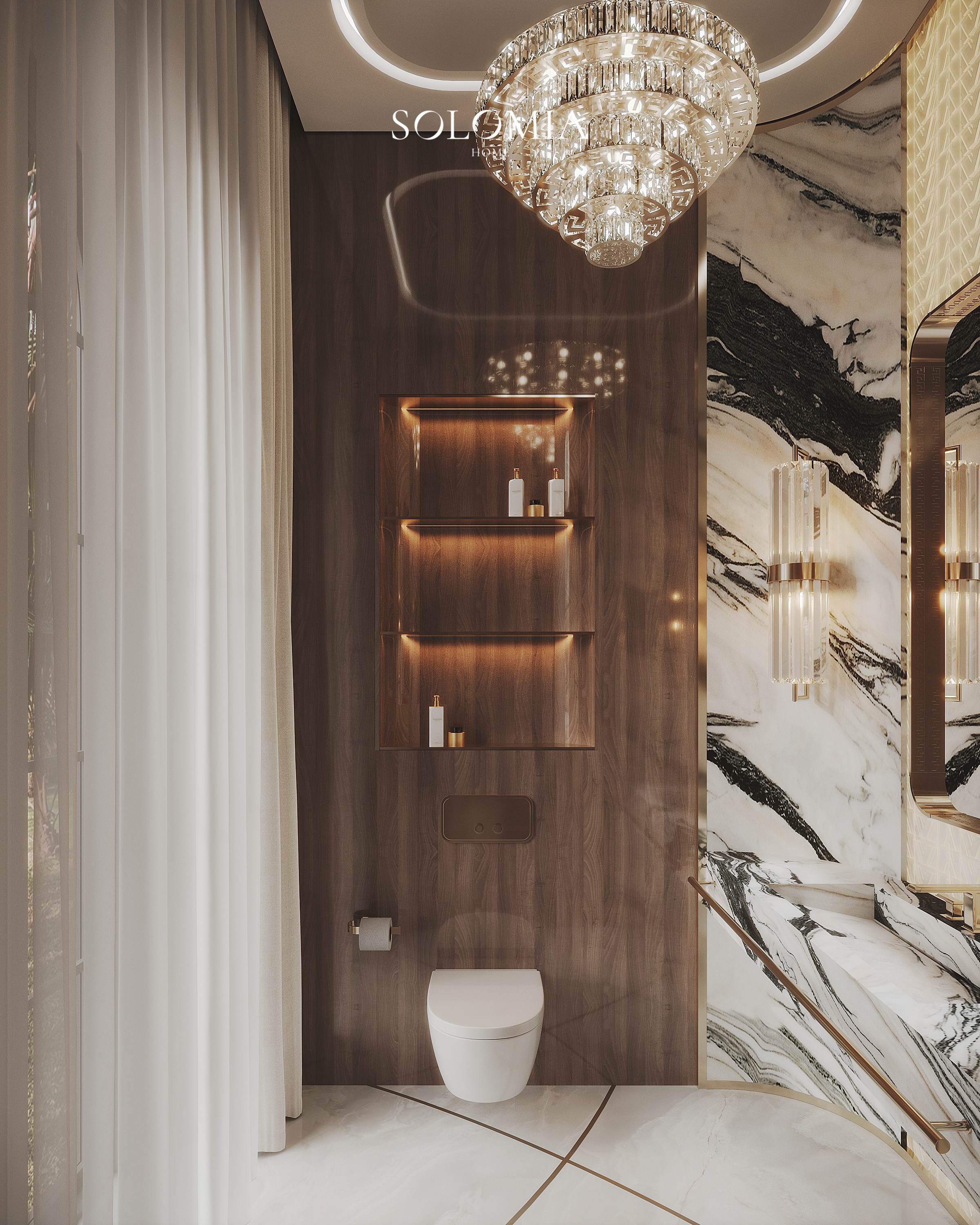 Guest bathroom with marble and crystal light, Versace Villa — luxury interior design Dubai