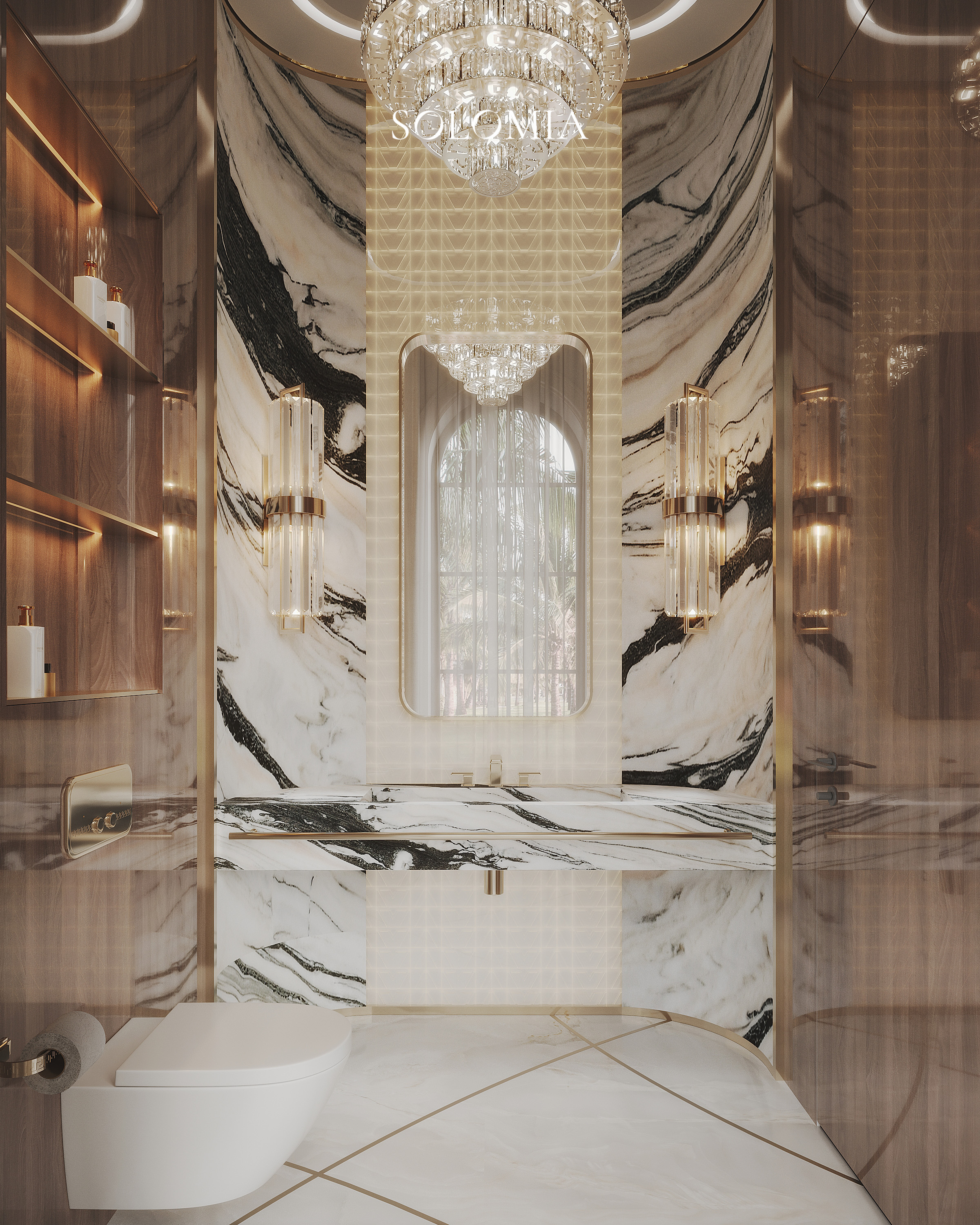 Guest bathroom with black-and-white marble, Versace Villa — luxury interior design Dubai