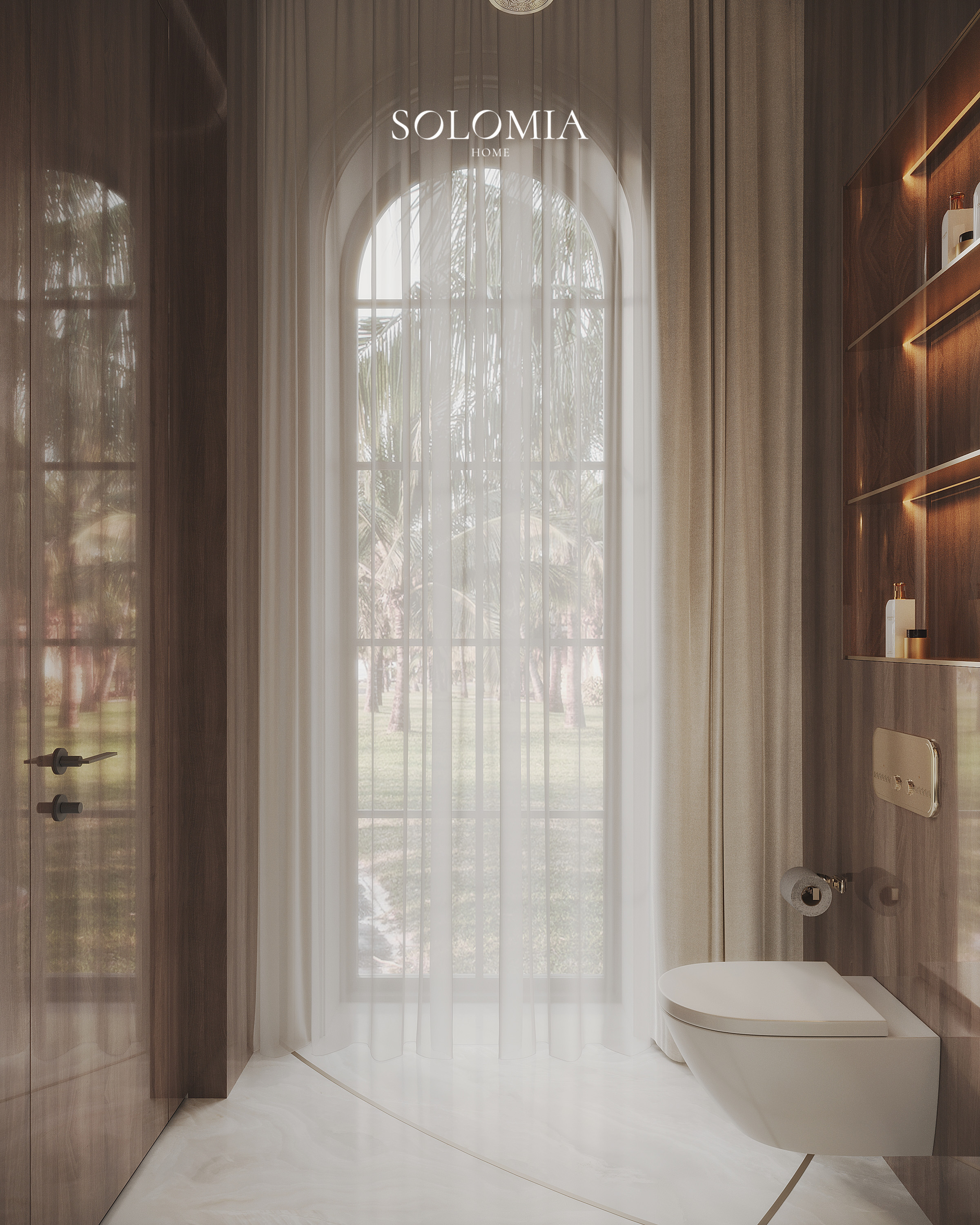 Guest bathroom with arched window, Versace Villa — luxury interior design Dubai