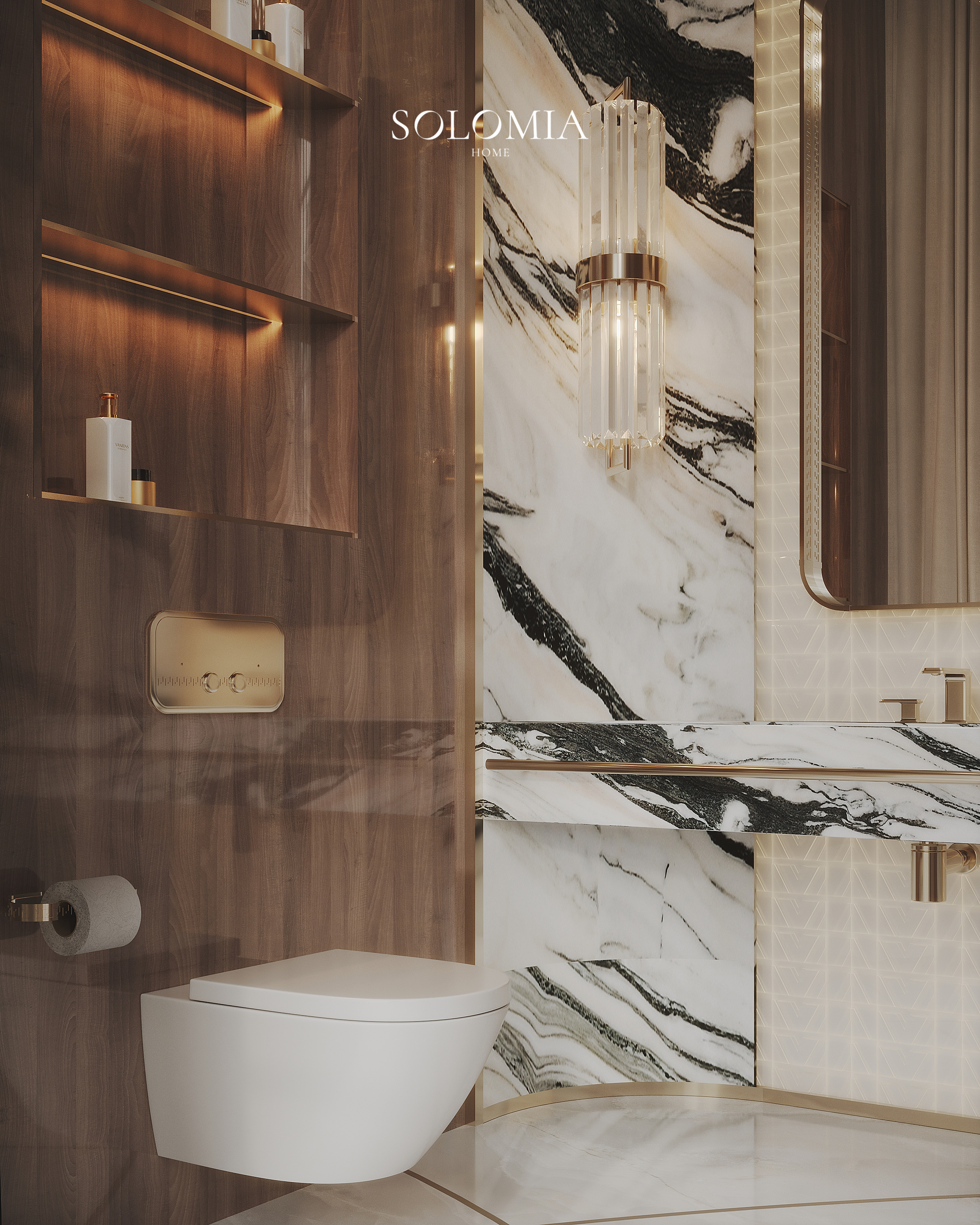 Guest toilet with marble panels, Versace Villa — luxury interior design Dubai