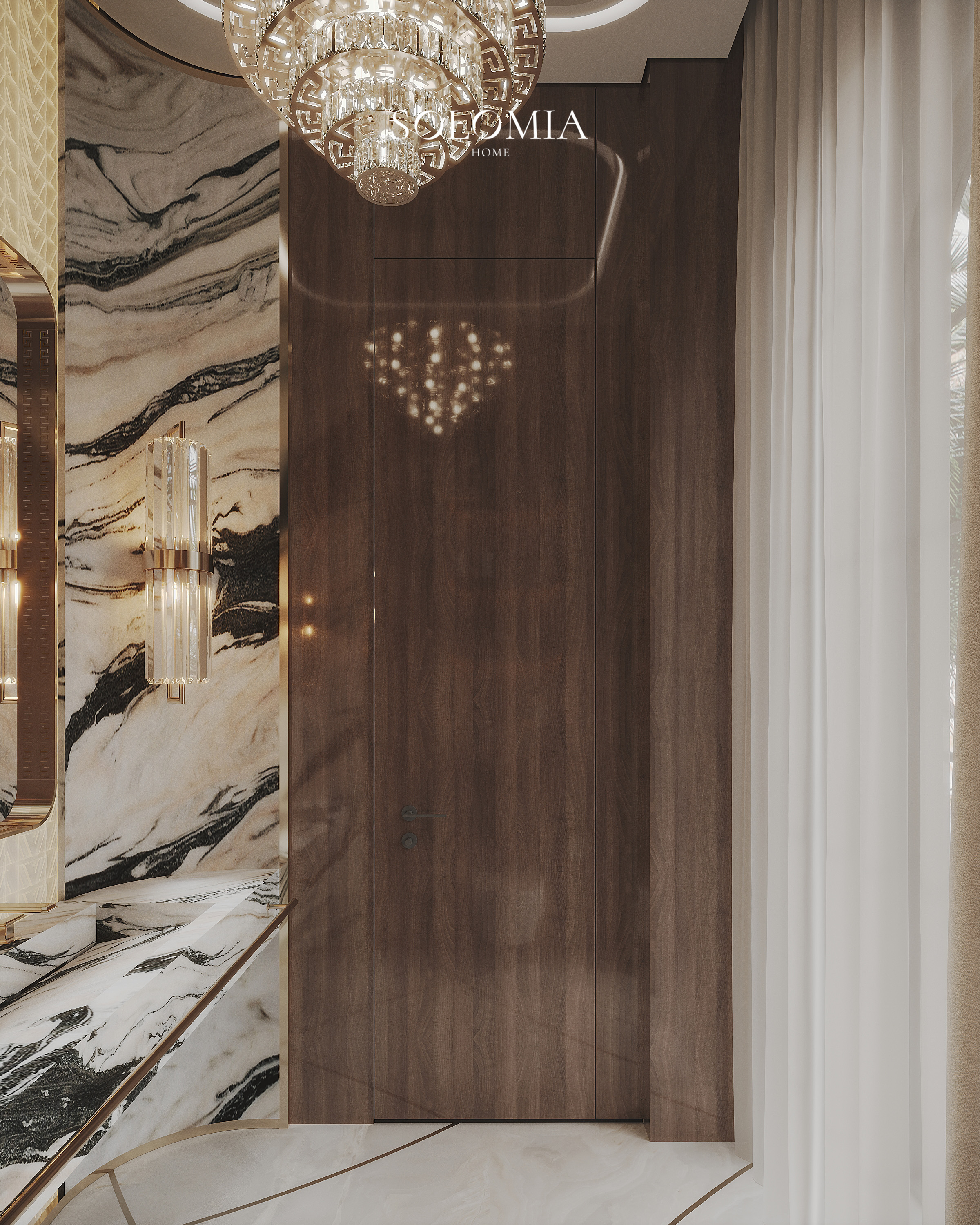 Guest bathroom entrance with chandelier, Versace Villa — luxury interior design Dubai