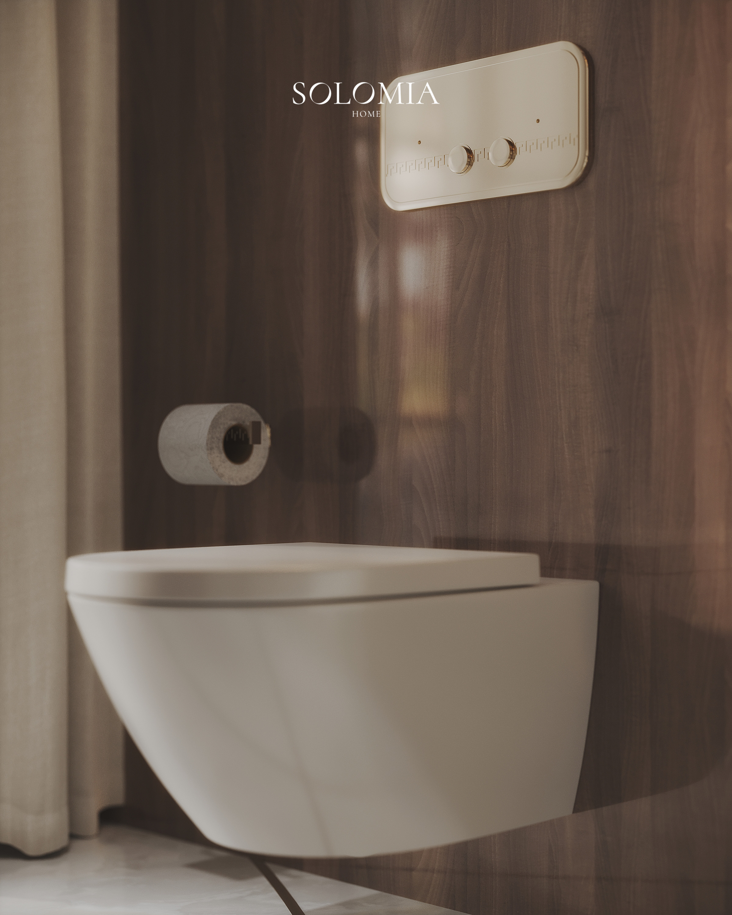 Wall-hung toilet with wood panelling, Versace Villa — luxury interior design Dubai