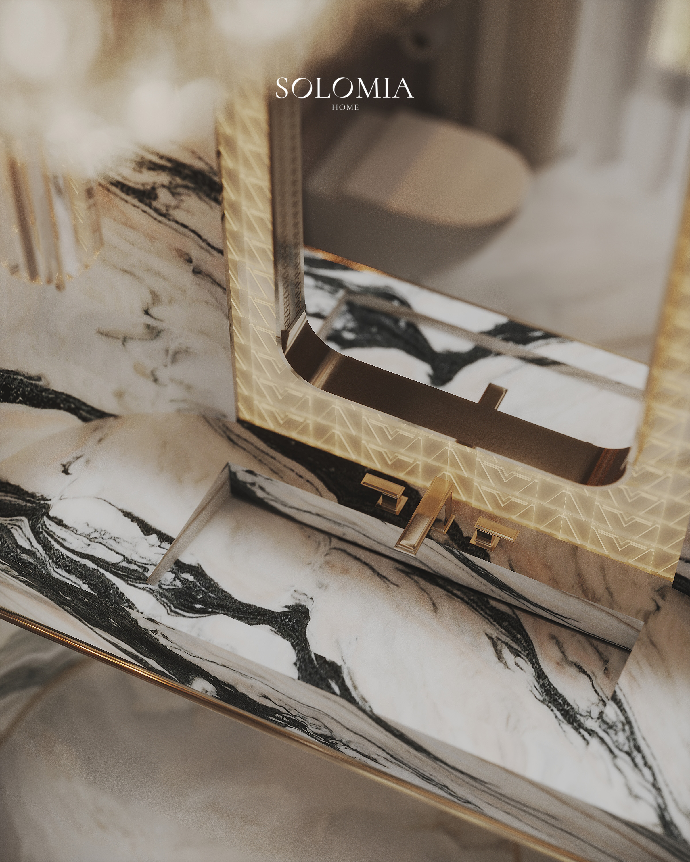 Marble vanity with brass mirror, Versace Villa — luxury interior design Dubai