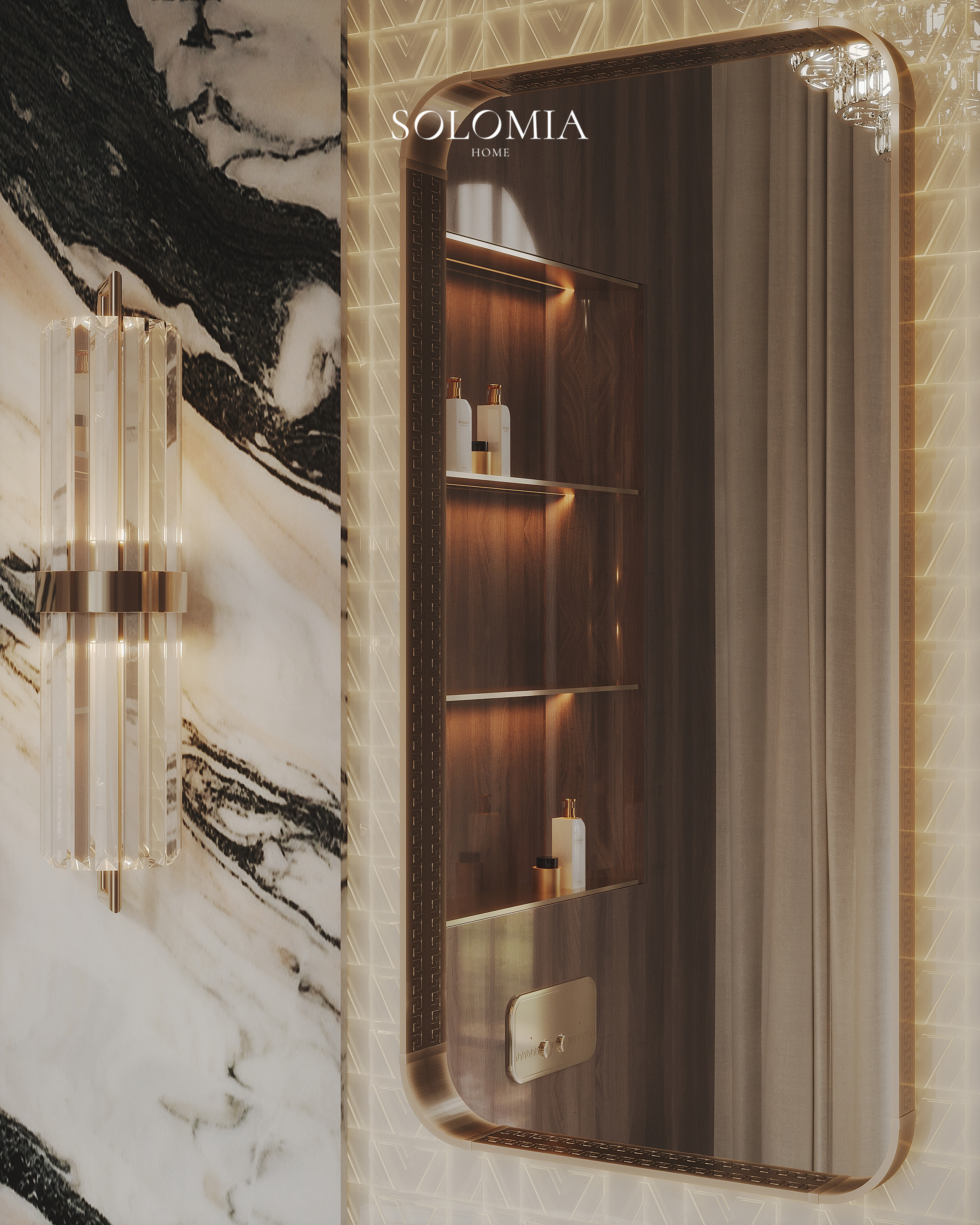 Lit shelving niche in marble, Versace Villa — luxury interior design Dubai