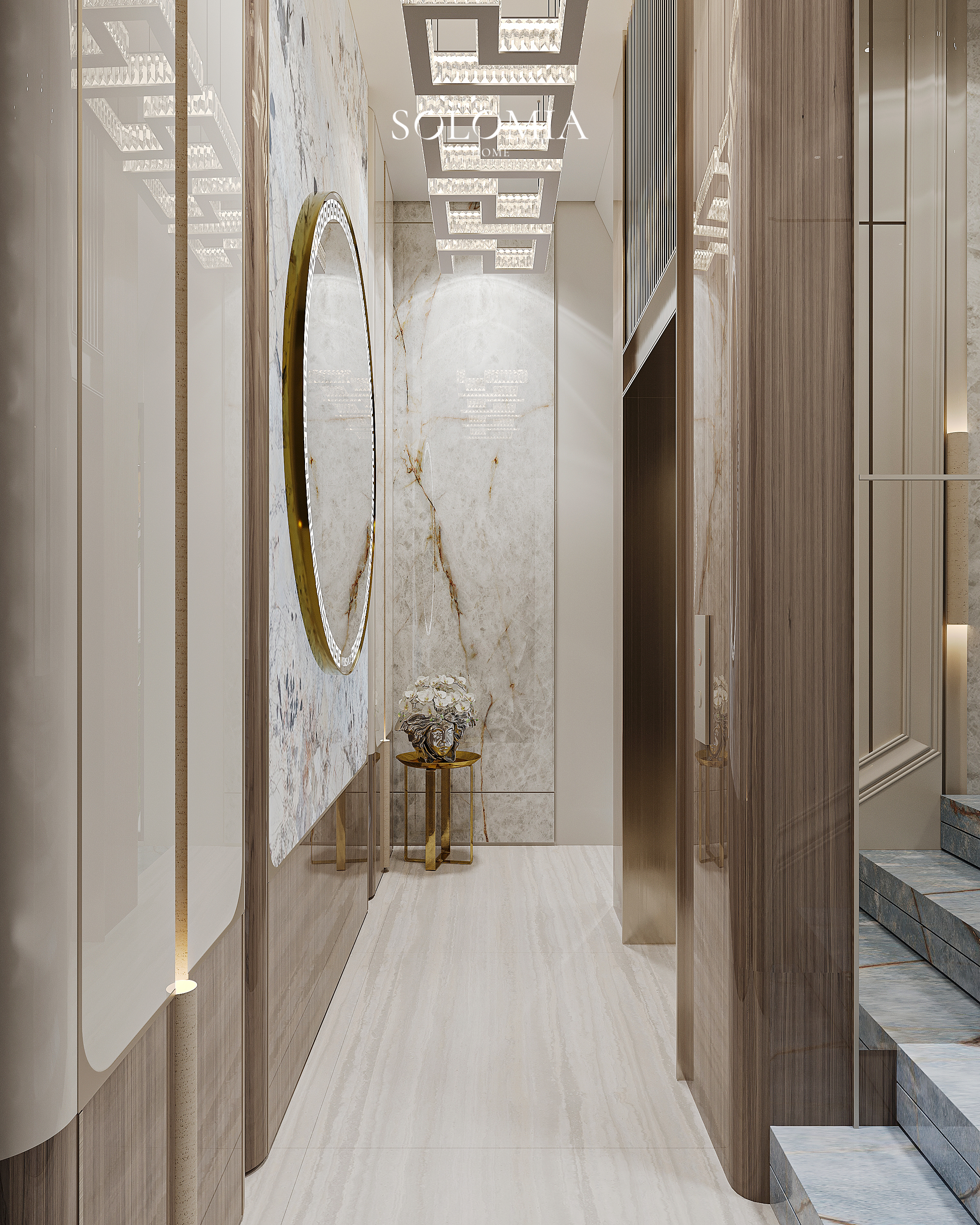 Hall with round mirror and Greek-key light, Versace Villa — luxury interior design Dubai