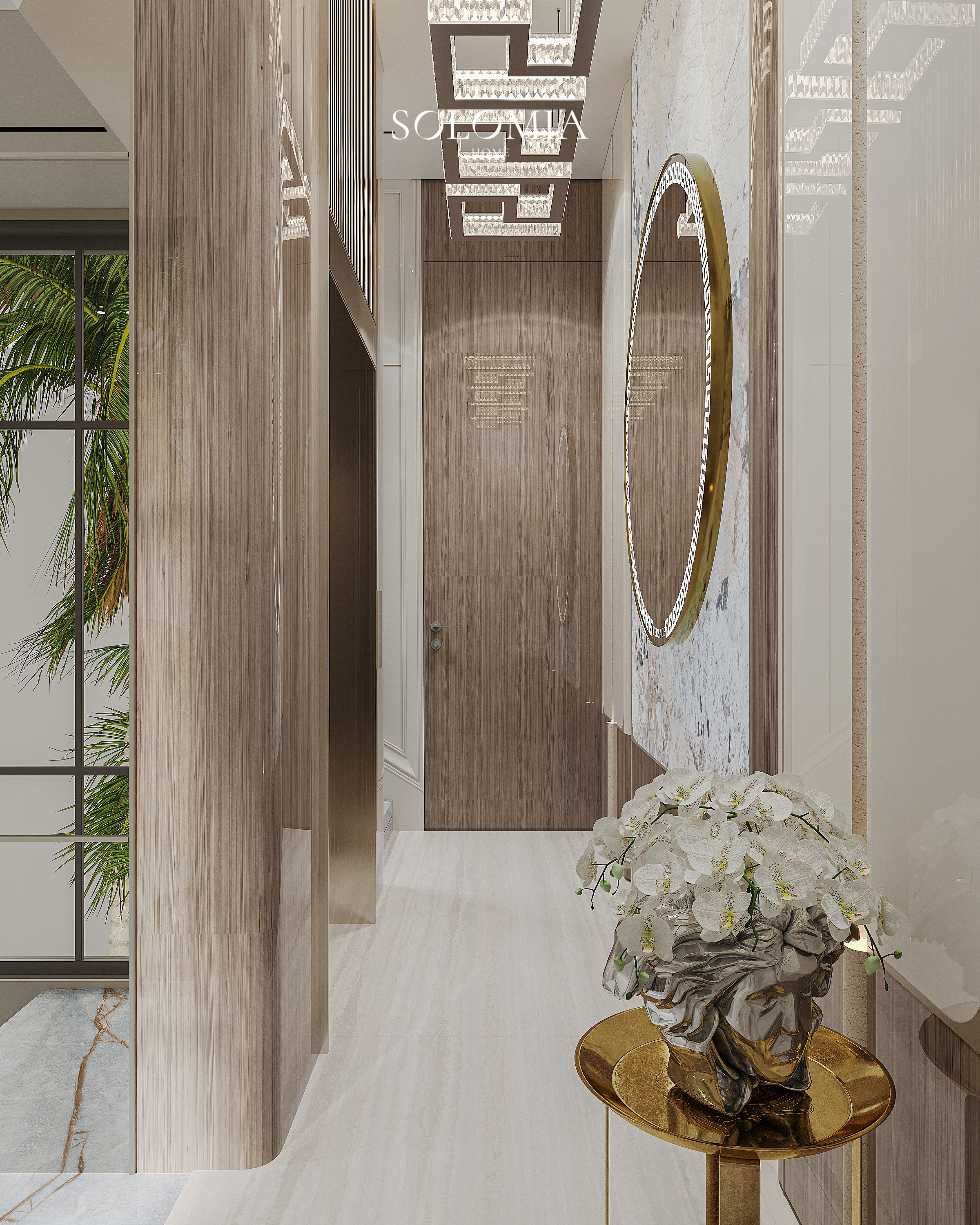 Hall with flowers and palm view, Versace Villa — luxury interior design Dubai
