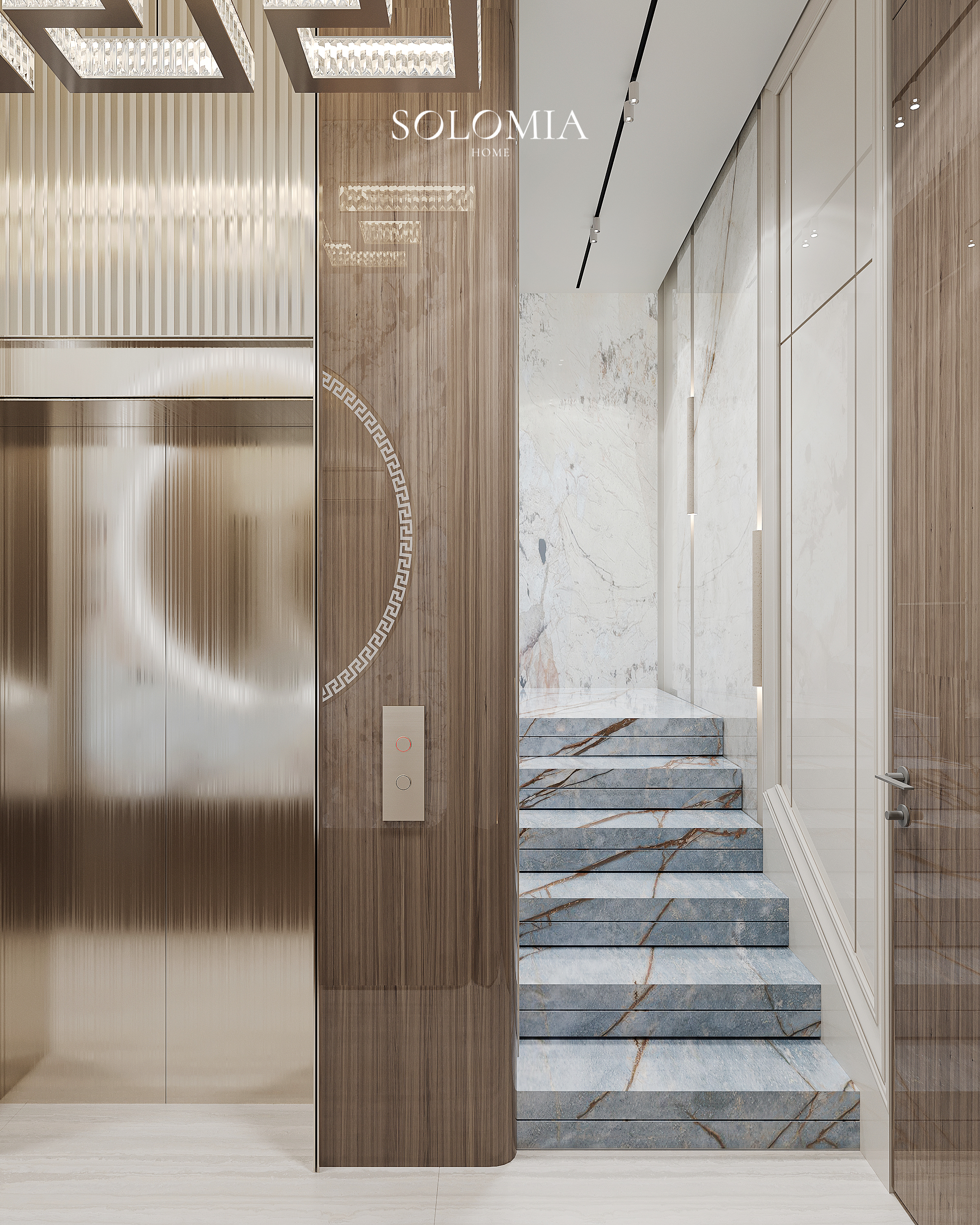 Elevator with Medusa emblem and staircase, Versace Villa — luxury interior design Dubai