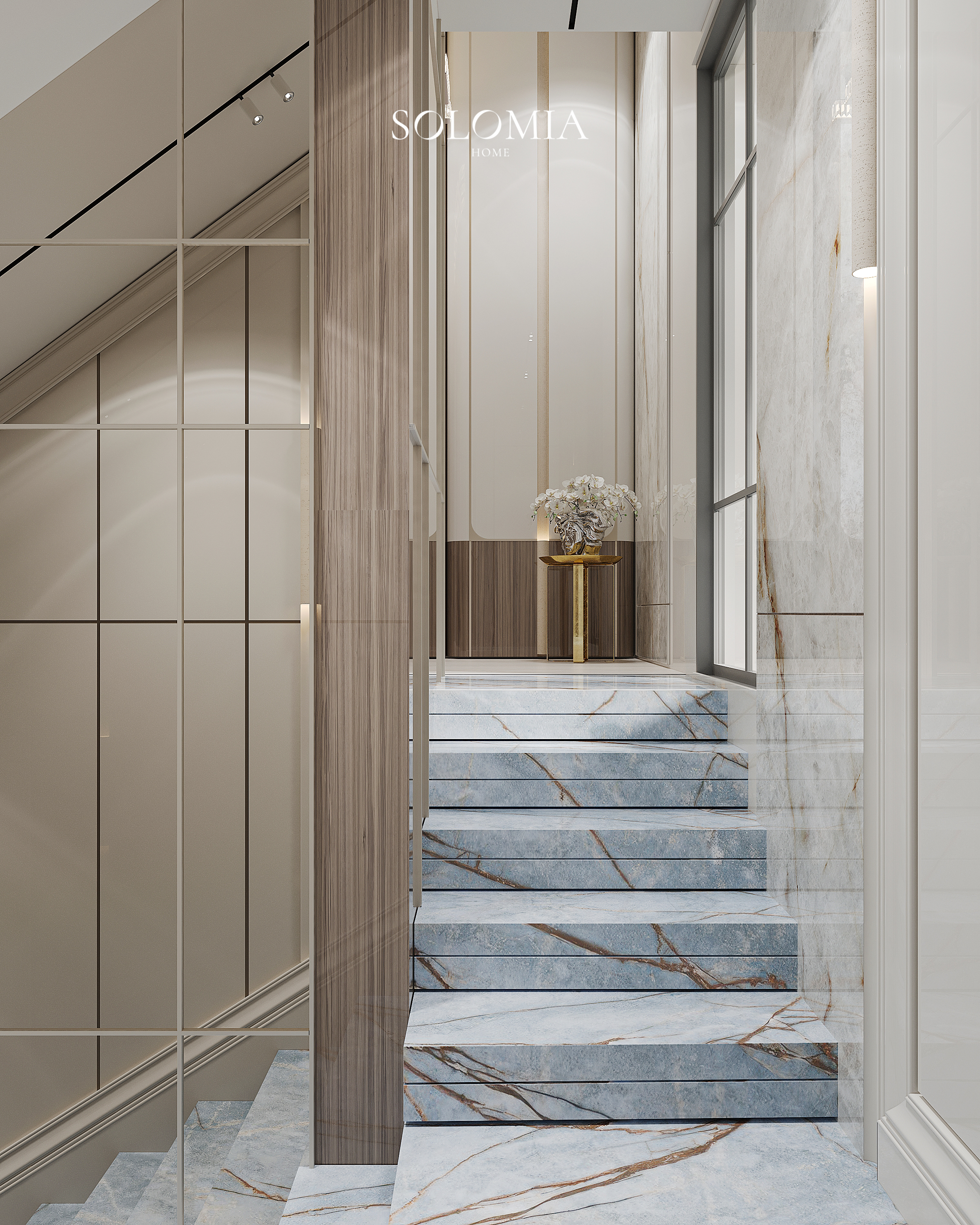 Marble staircase with pilasters, Versace Villa — luxury interior design Dubai