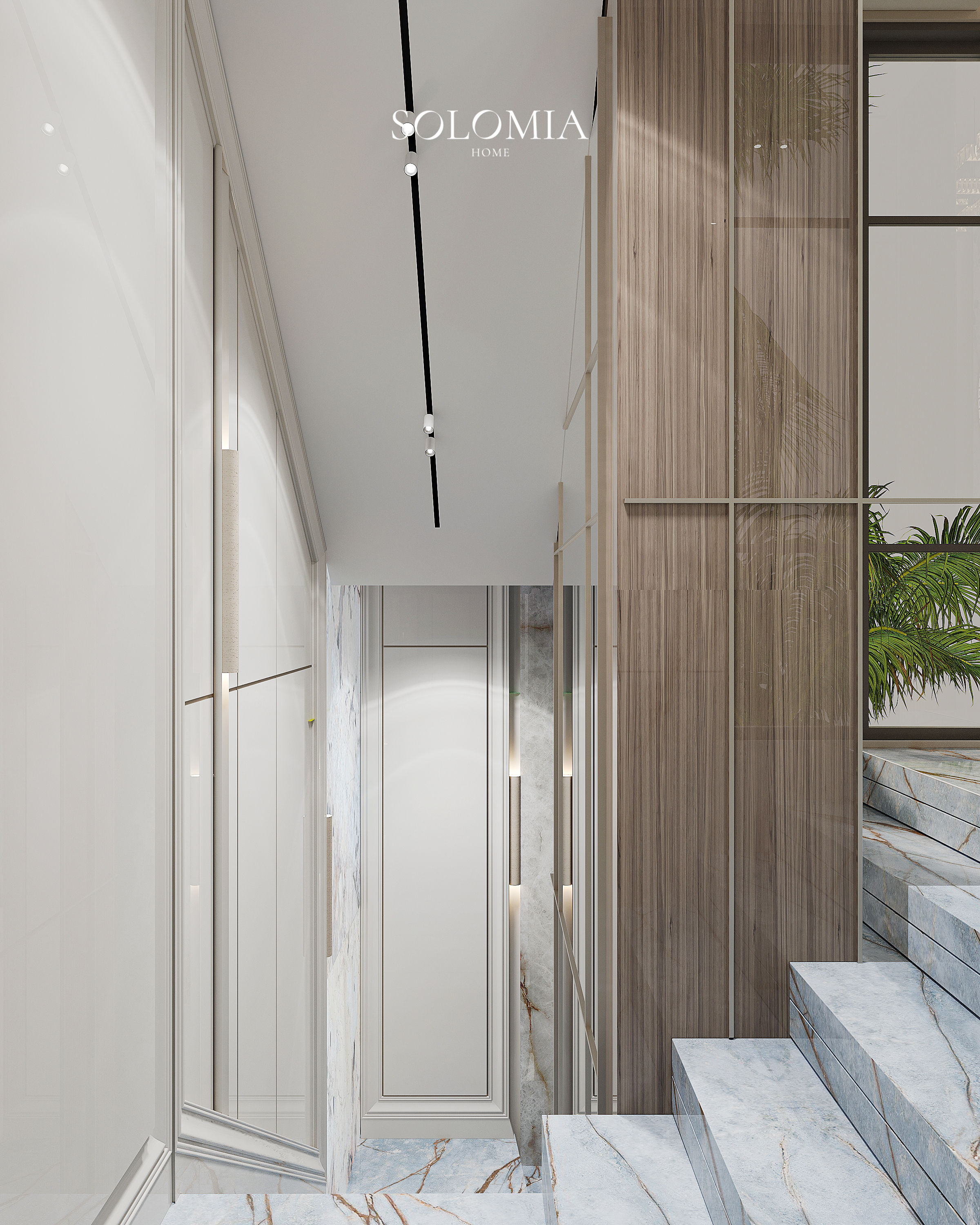 Staircase with palm view, Versace Villa — luxury interior design Dubai