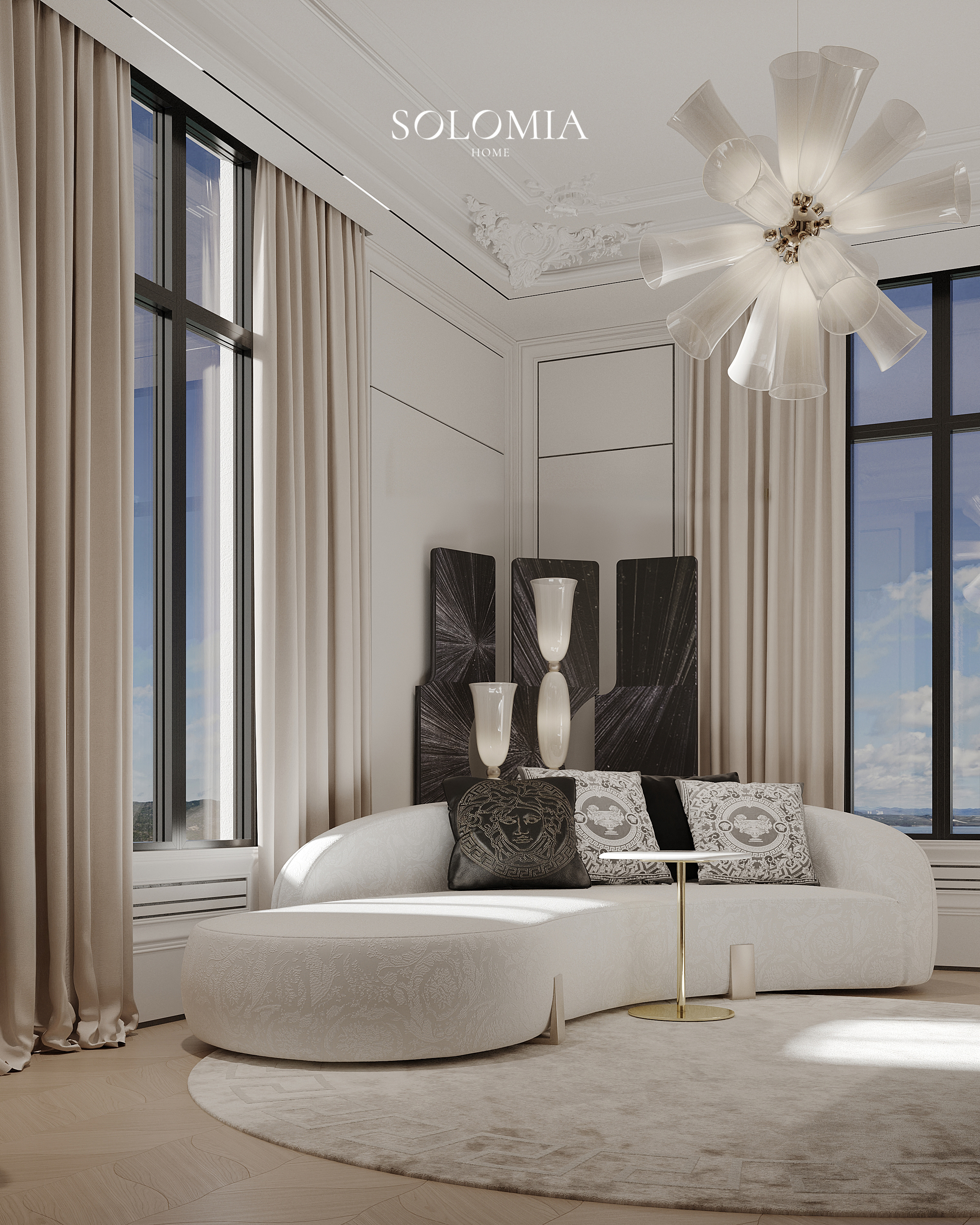 Home office with curved white sofa, Versace Villa — luxury interior design Dubai