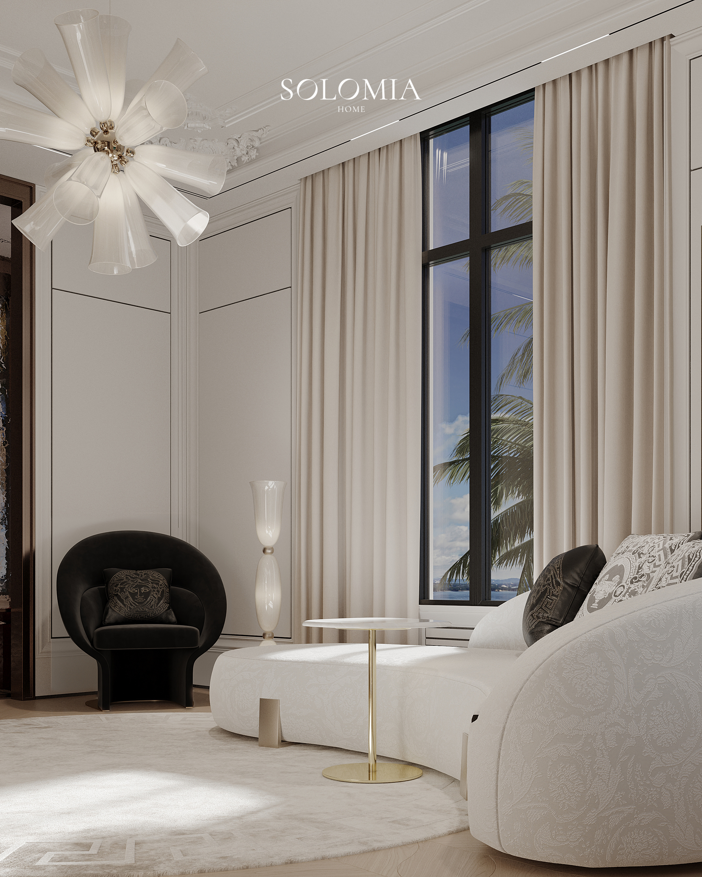 Home office with black chair and sofa, Versace Villa — luxury interior design Dubai
