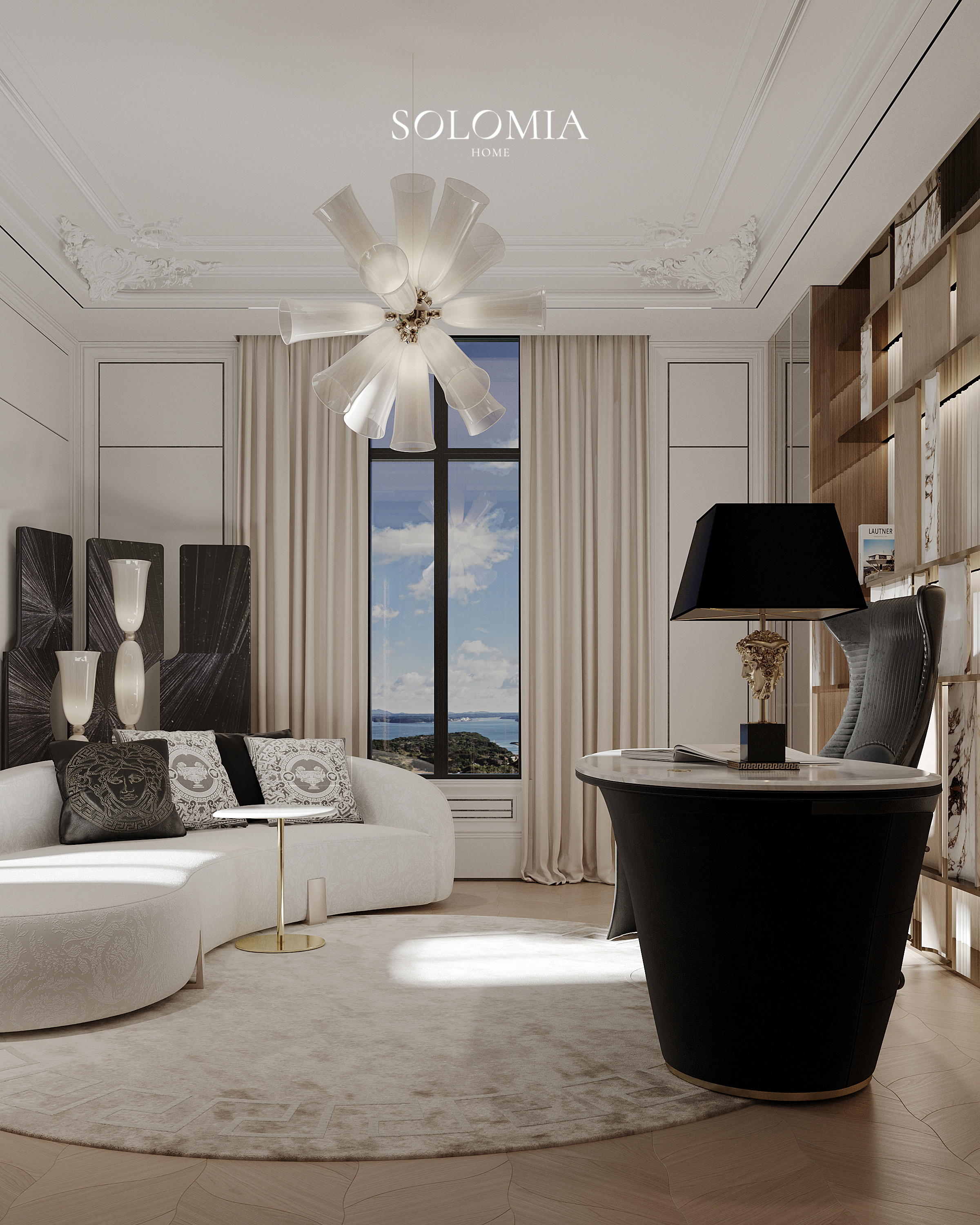 Home office with black desk and bookshelves, Versace Villa — luxury interior design Dubai