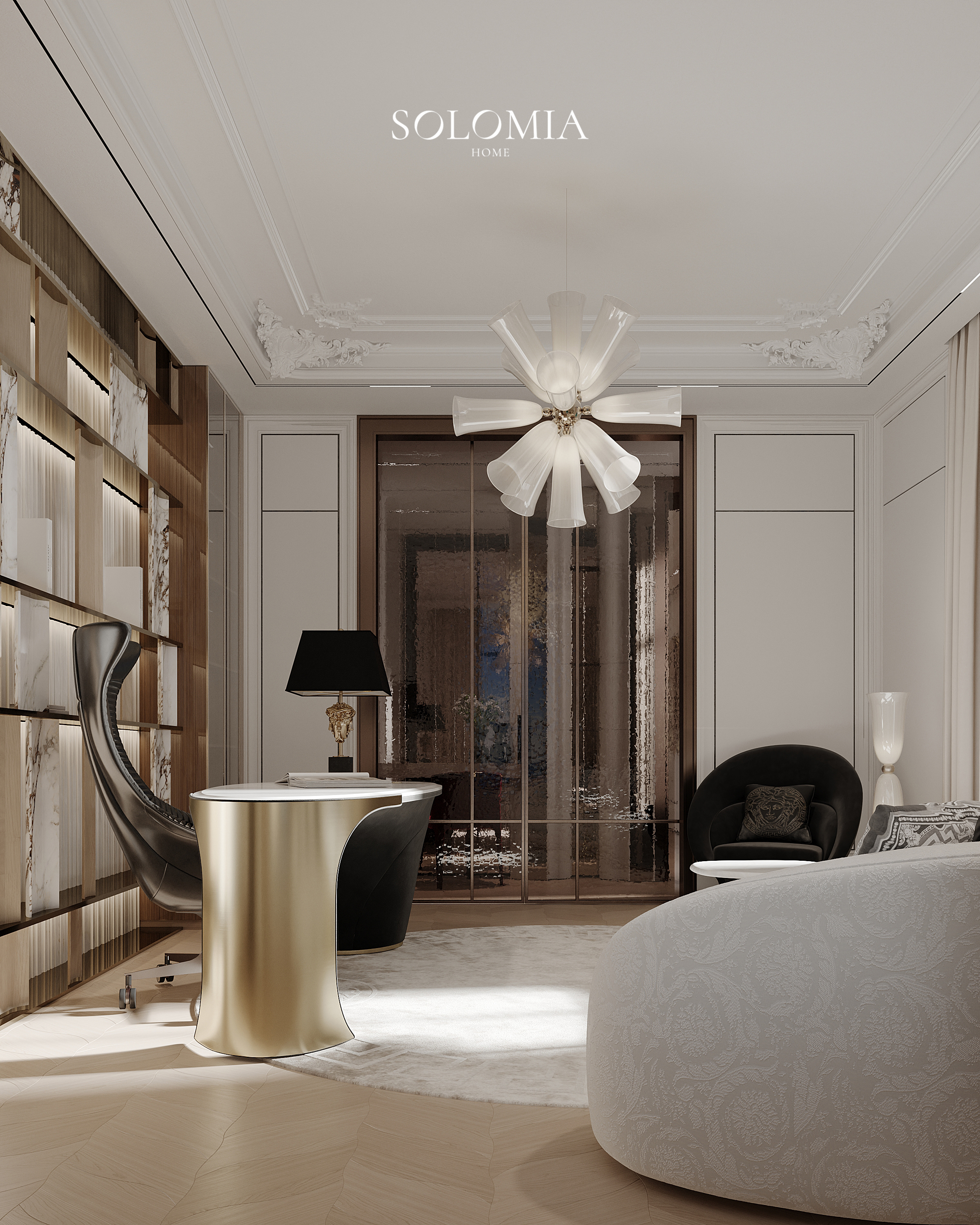 Home office with lit bookshelves, Versace Villa — luxury interior design Dubai