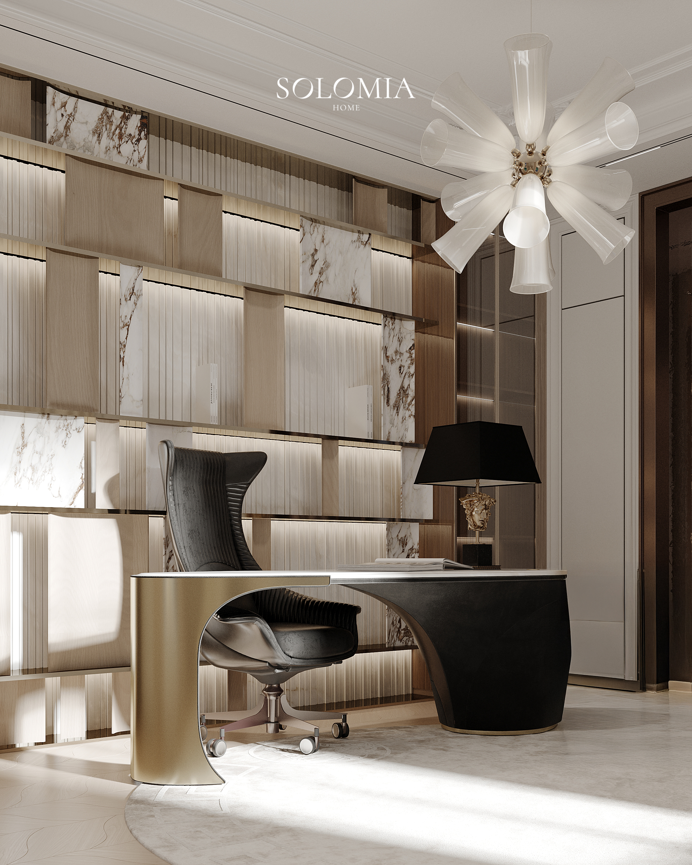 Black desk with sculptural chandelier, Versace Villa — luxury interior design Dubai