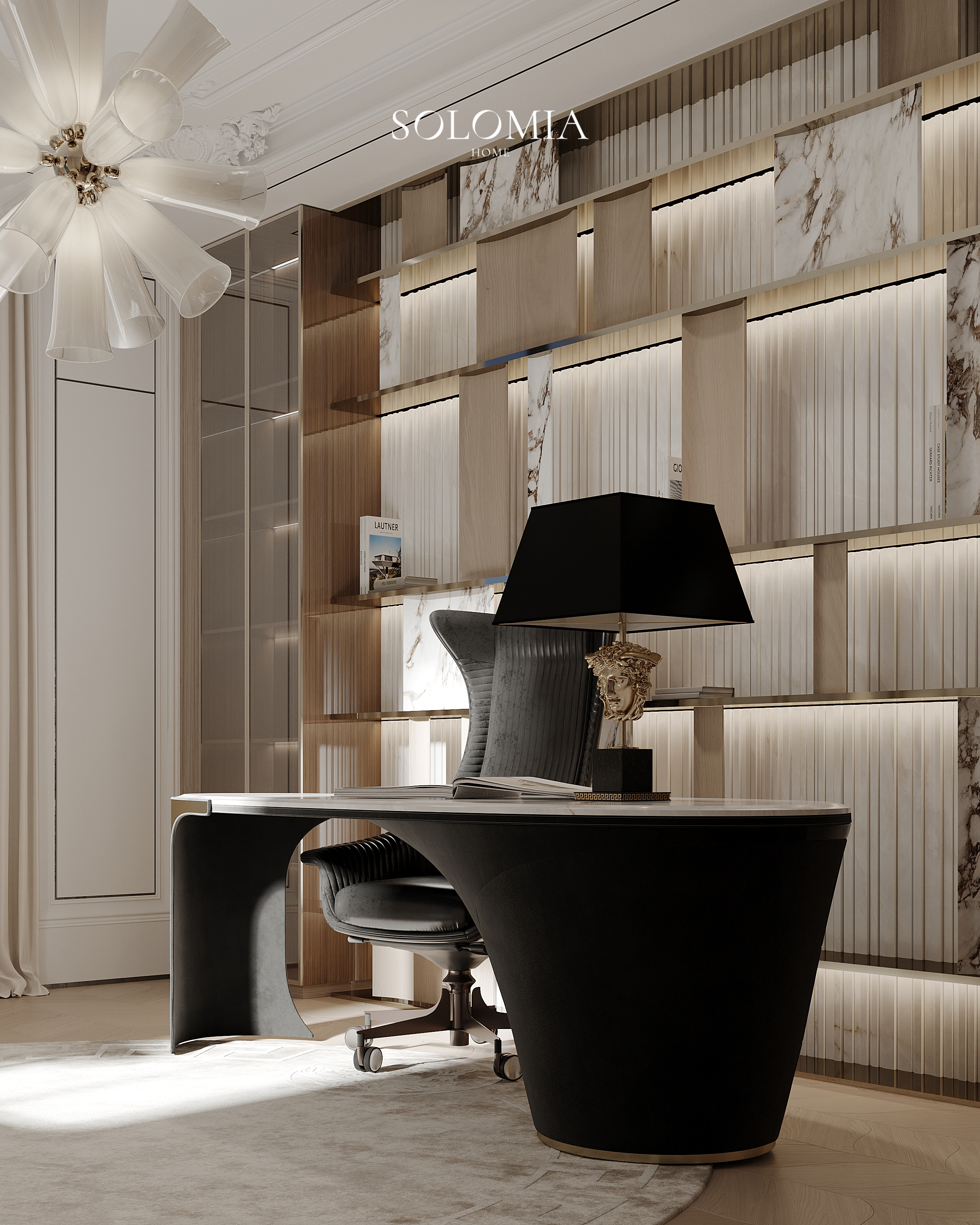Home office desk with black lamp, Versace Villa — luxury interior design Dubai
