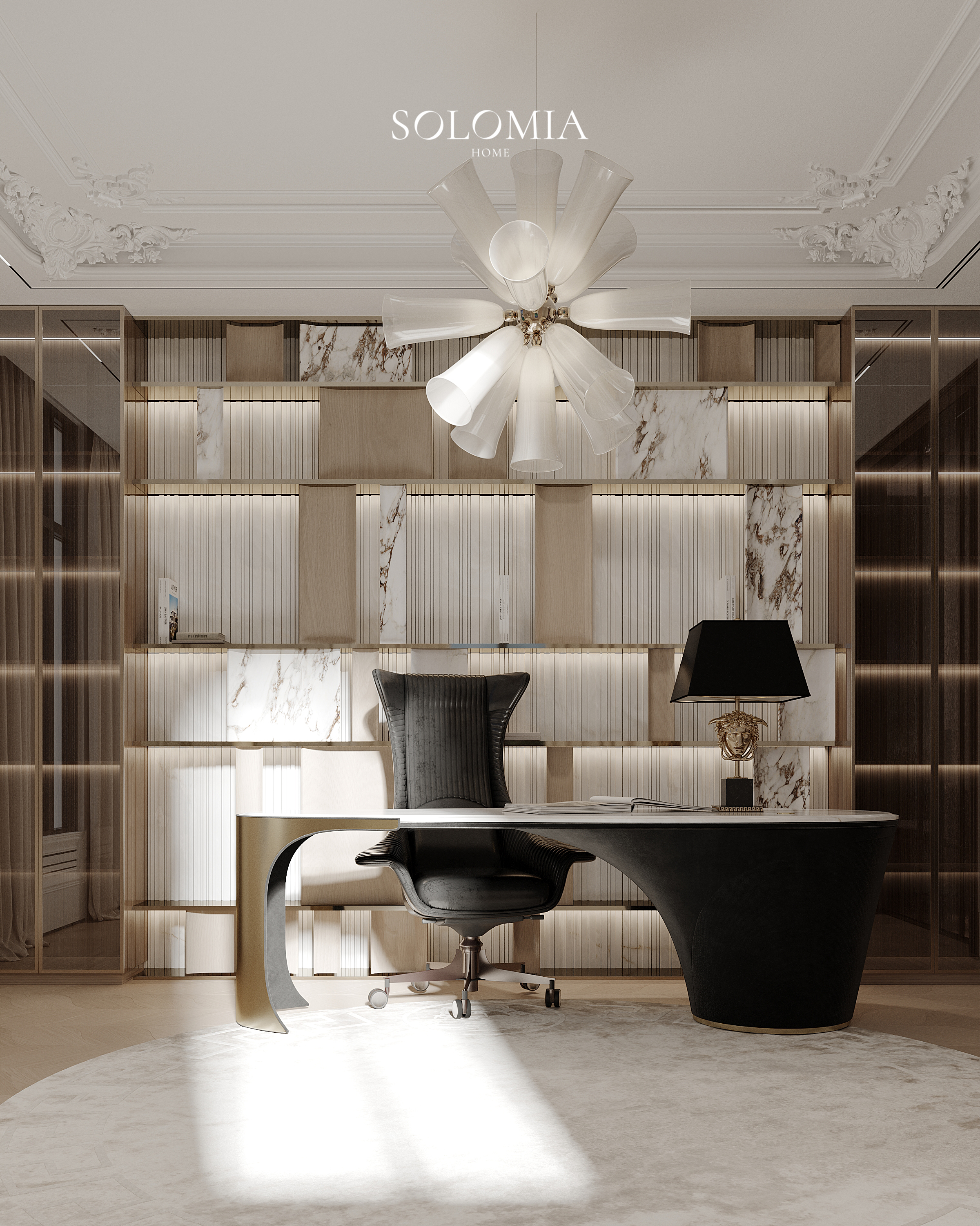 Home office with lit bookshelf wall, Versace Villa — luxury interior design Dubai