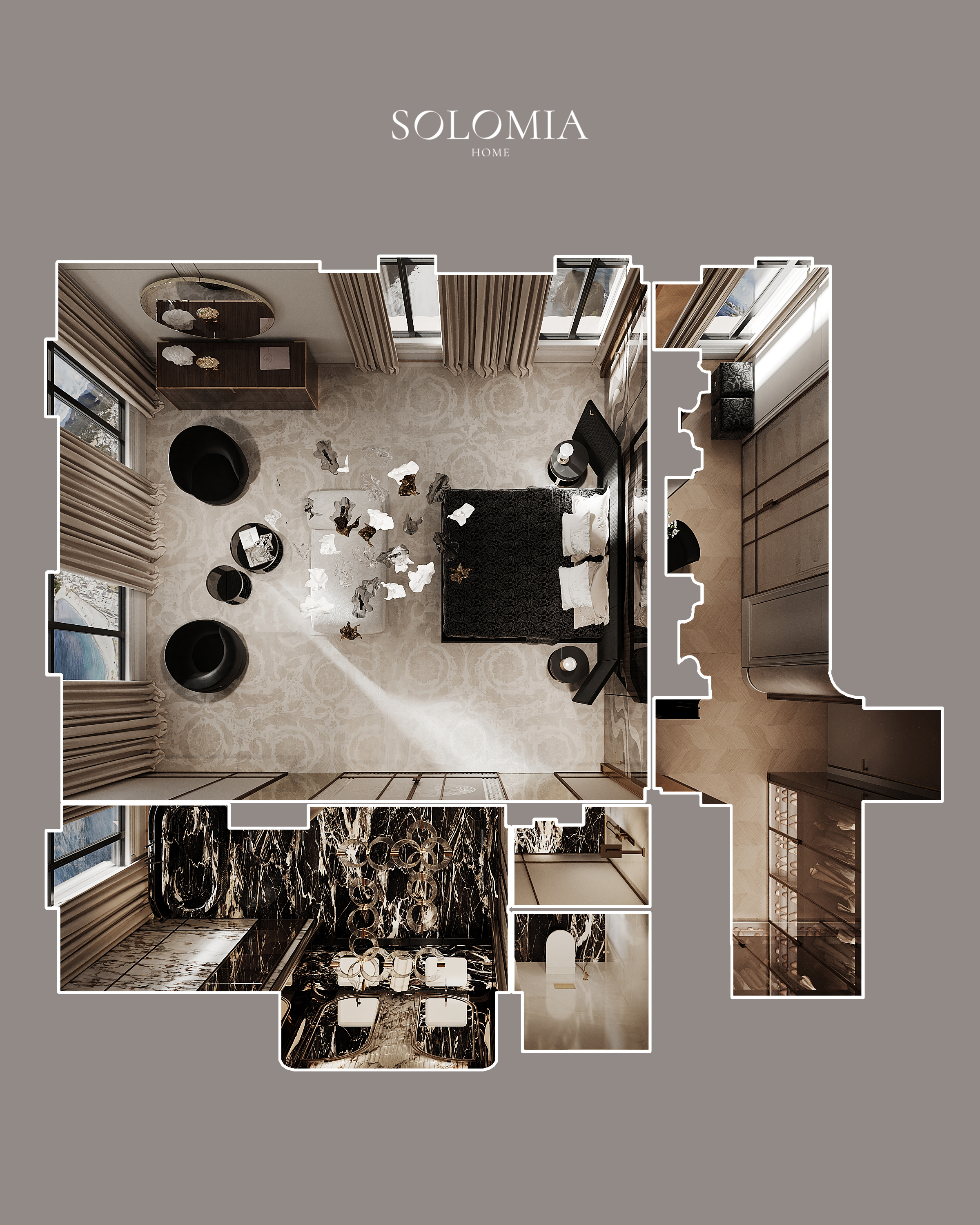 Master bedroom layout, top view, Versace Villa — interior design project