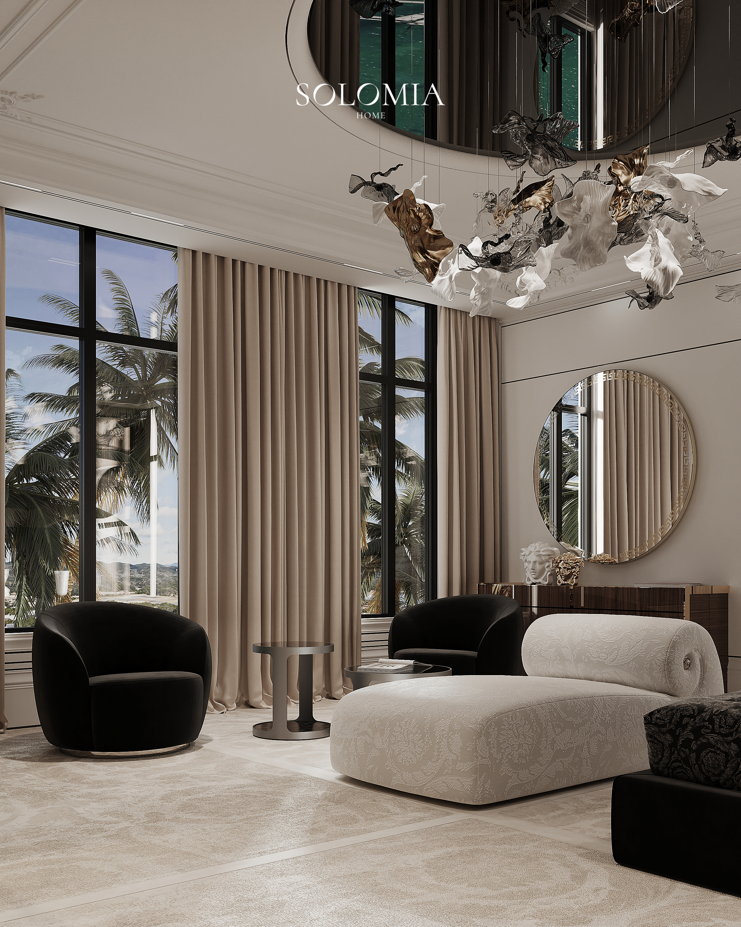 Bedroom lounge with black armchair and palm view, Versace Villa — luxury interior design Dubai