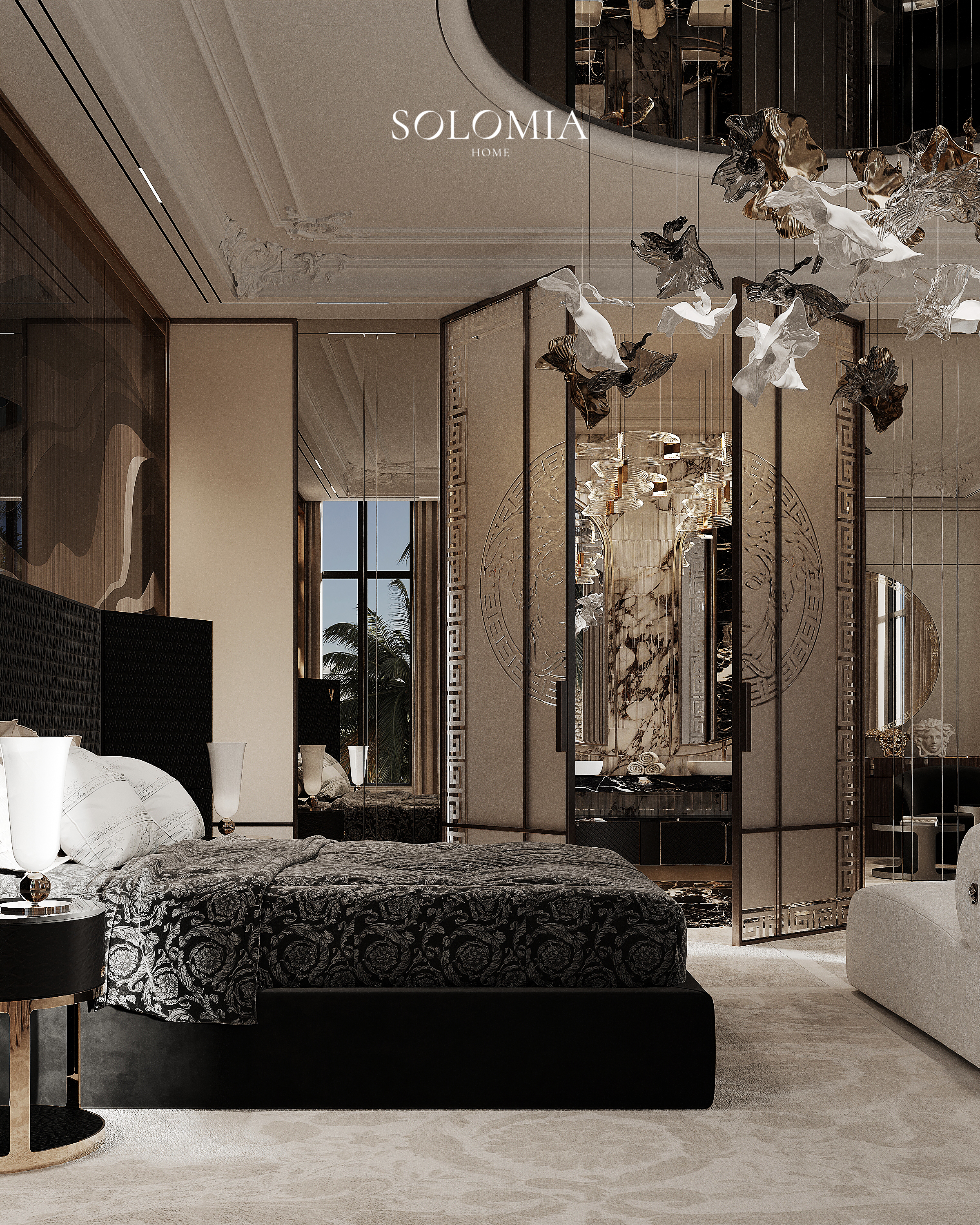 Master bedroom with wave headboard wall, Versace Villa — luxury interior design Dubai